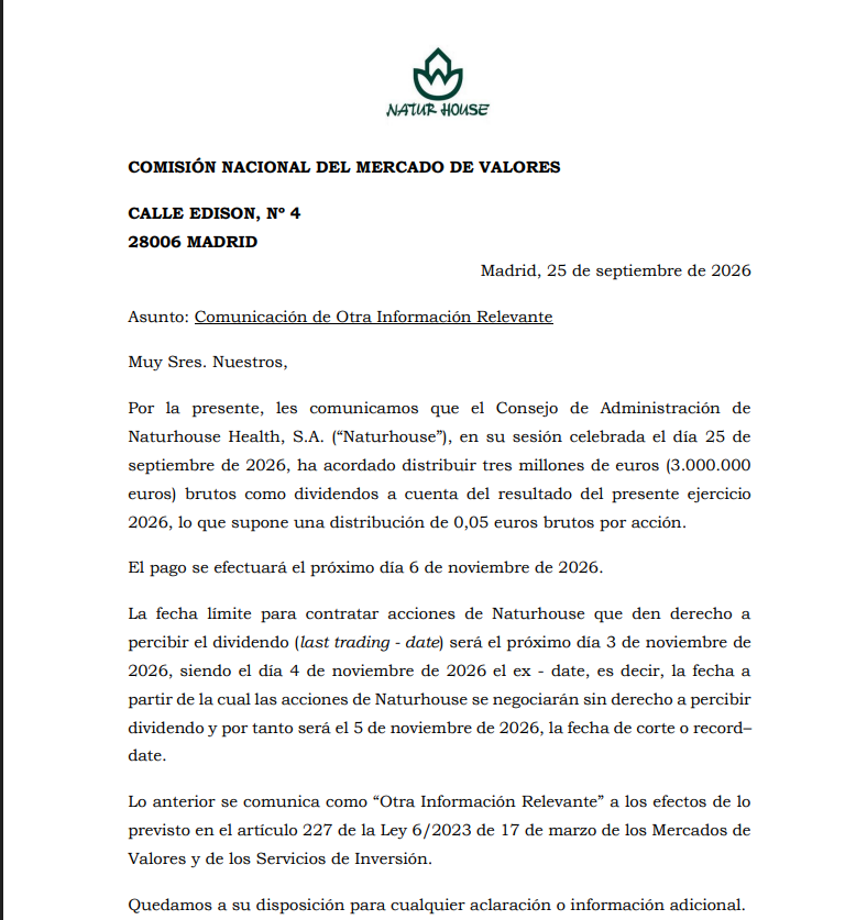 Próximo pago de dividendo....6 de Noviembre de 2026.....0,05 aurelios por acción. <span class="Emo15"> </span>