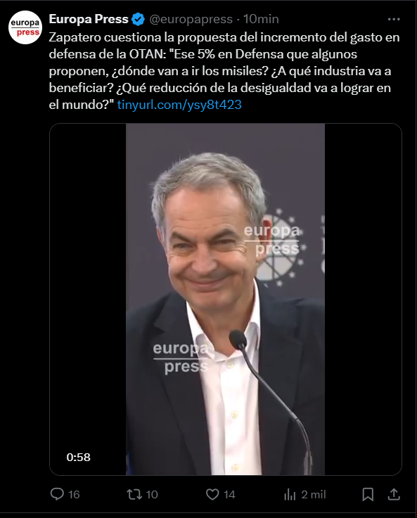 Zp está en contra del 5% del PIB en defensa... Le ha faltado decir por el cambio climático....