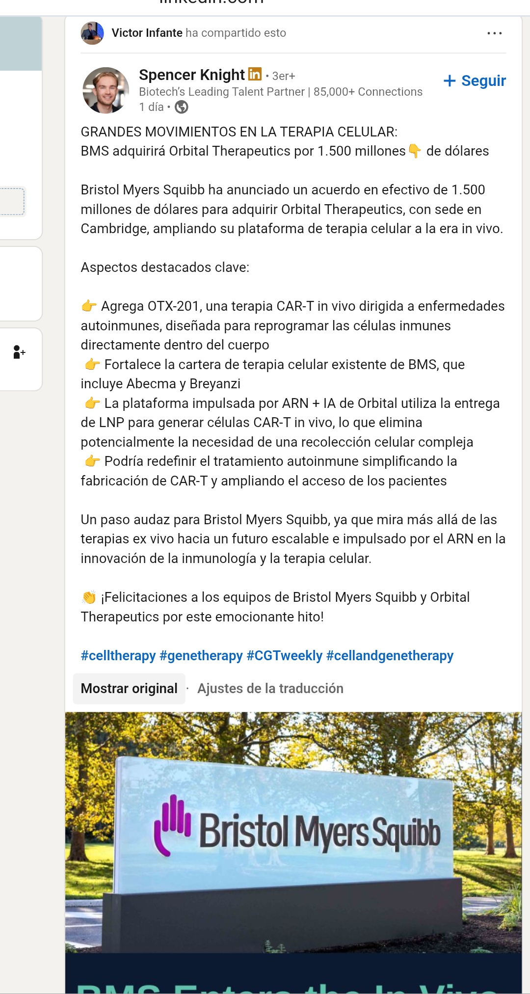 Nuestro CEO comparte un hito de la compra de una bio de Cambridge de 1500 millones de dólares ,ahí es nada.