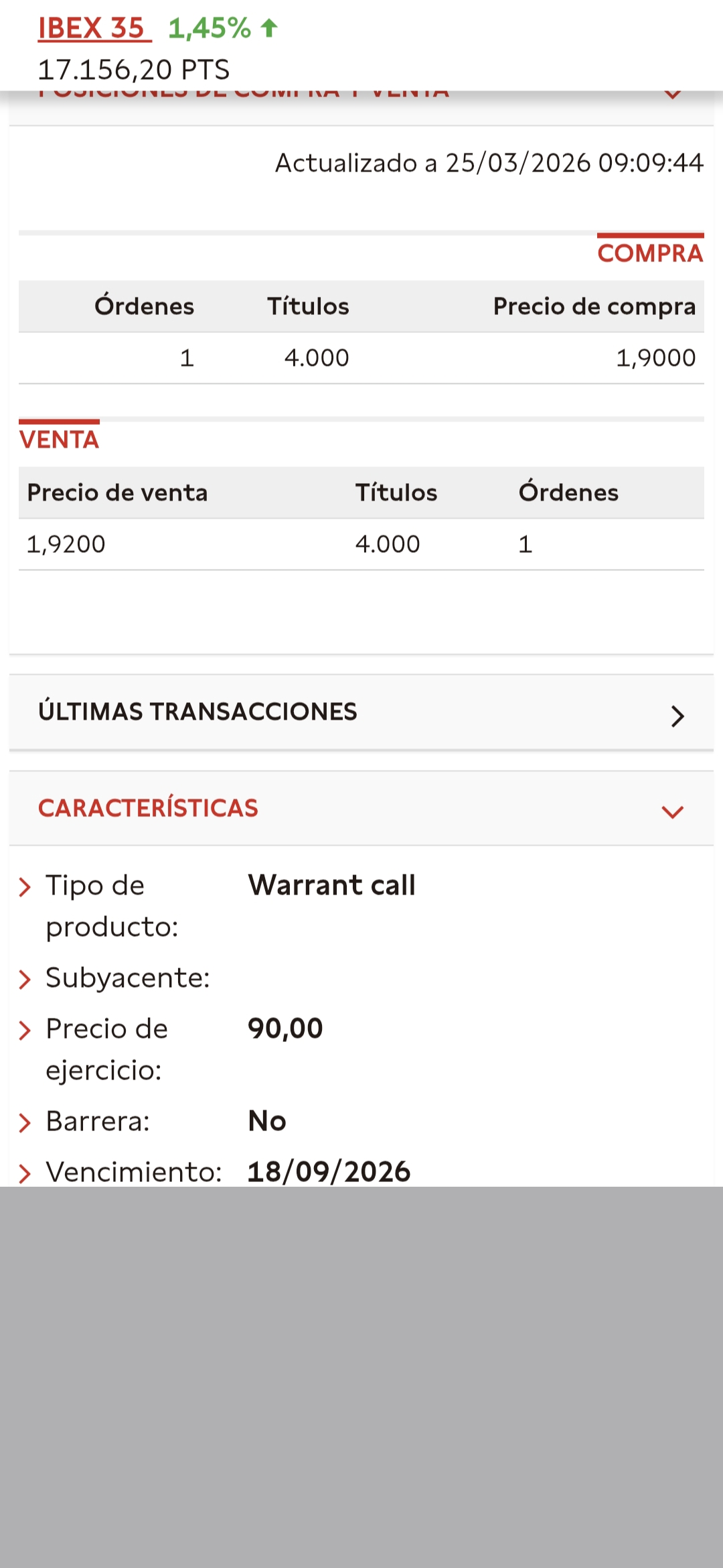 25/Mar/267
Warrant Call 1.91 eur
Acciones 89.60 eur
Análisis del Día (25/03/2026)
?Acción: Sube de 86,65 € a 89,60 € ( 3,40%).
?Warrant: Sube de 1,765 € a 1,91 € ( 8,22%).
?Elasticidad Diaria: 2,41. El warrant sigue amplificando con fuerza, situándose ya a un suspiro del strike de 90 €.
?Balance Acumulado (02/Feb/26 – 25/Mar/26)
Acciones PharmaMar
76,60 € a 89,60 € sube 16,97%
Warrant Call 90
1,365 € a 1,910 € sube 39,93%
?Ratio de Elasticidad Acumulado: 2,35.
Por cada 1% que ha subido la acción desde el inicio de la estrategia, el warrant ha rendido un 2,35%.