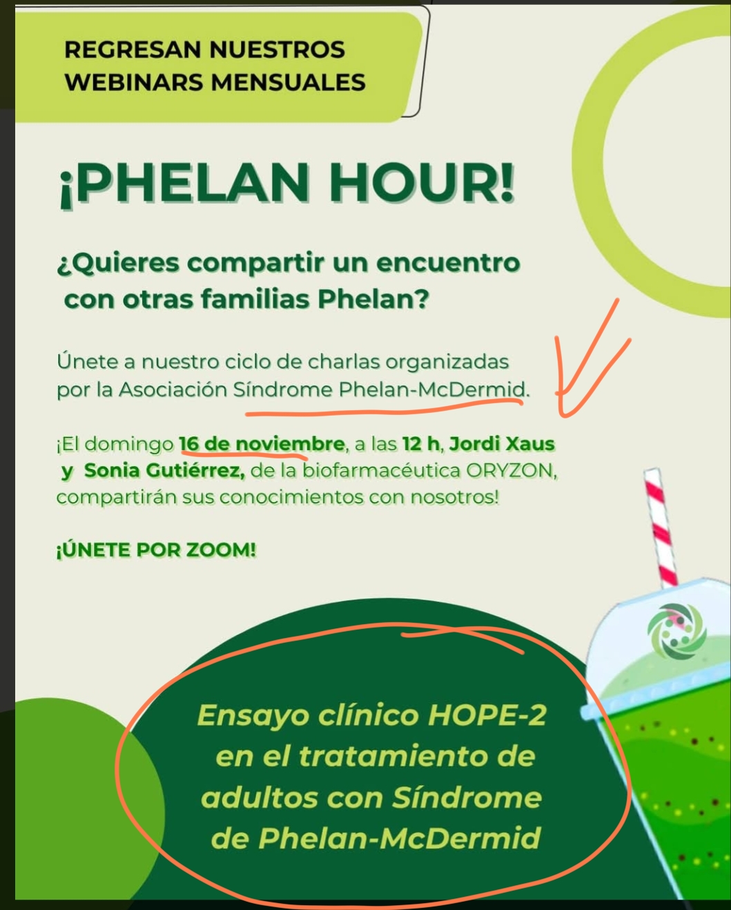 Este domingo 16 hay una conferencia vía zoom sobre nuestro ensayo HOPE ...de la asociación Phelan mcdermid
Por si alguien quiere apuntarse ,es vía ZOOM