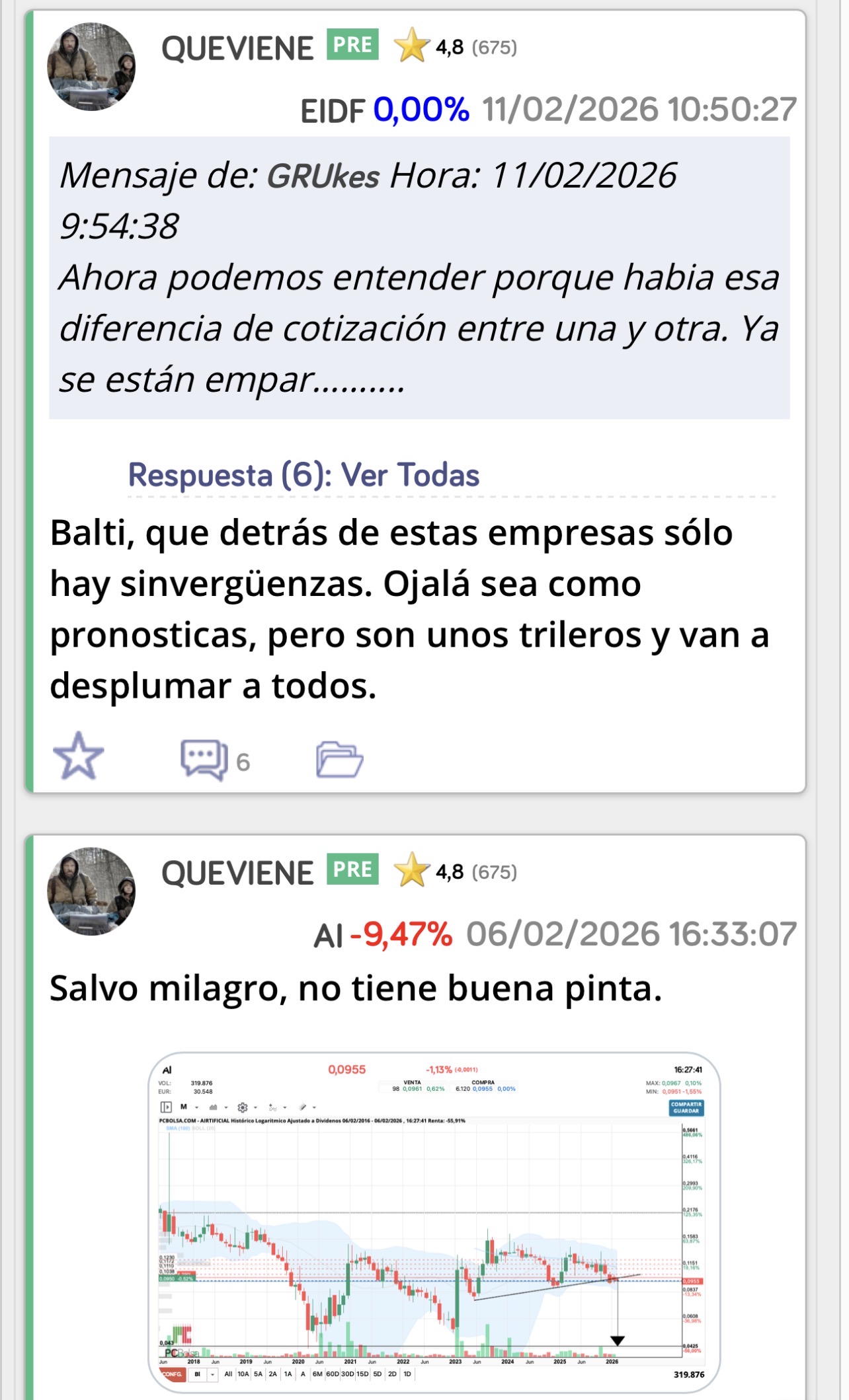 Efectivamente !!!
Sólo tiene ojitos para Airtificial !
Que haces en EIDF ? <span class="Emo21"> </span> <span class="Emo28"> </span>
Sabes que ahí fui yo la que avisé que eso era una estafa y que estaban distribuyendo ?
Me liaron una buena por cierto por avisar …
Ya decía yo que te conocía de algo…
Qué lástima!