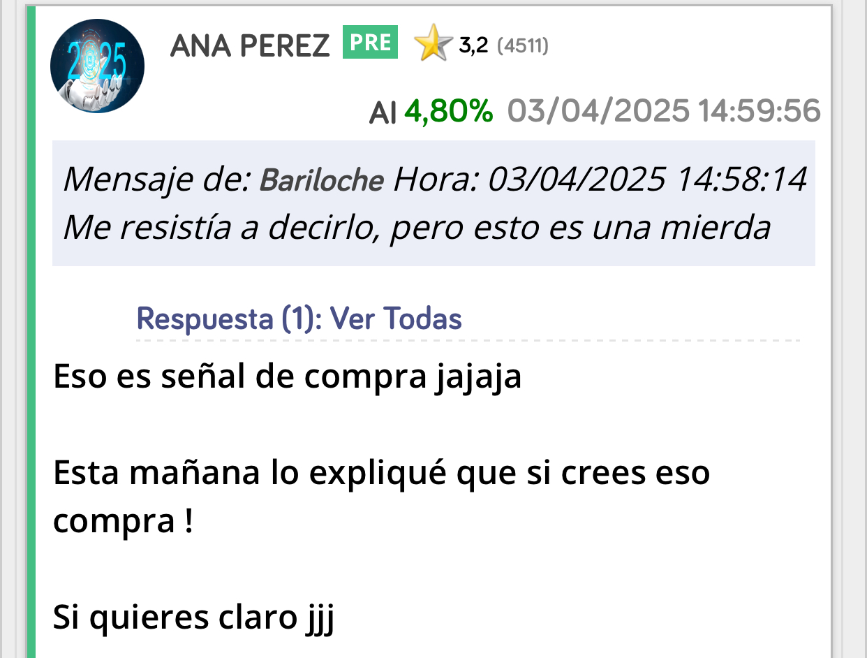 Bariloche no es la empresa
Somos nosotros
Es el mercado es un tramposo y nos llevan al límite del dolor antes de subir
MENTE FRÍA
Si ves que todo el mundo llora o vende tú compra y verás como ganarás mucho dinero…