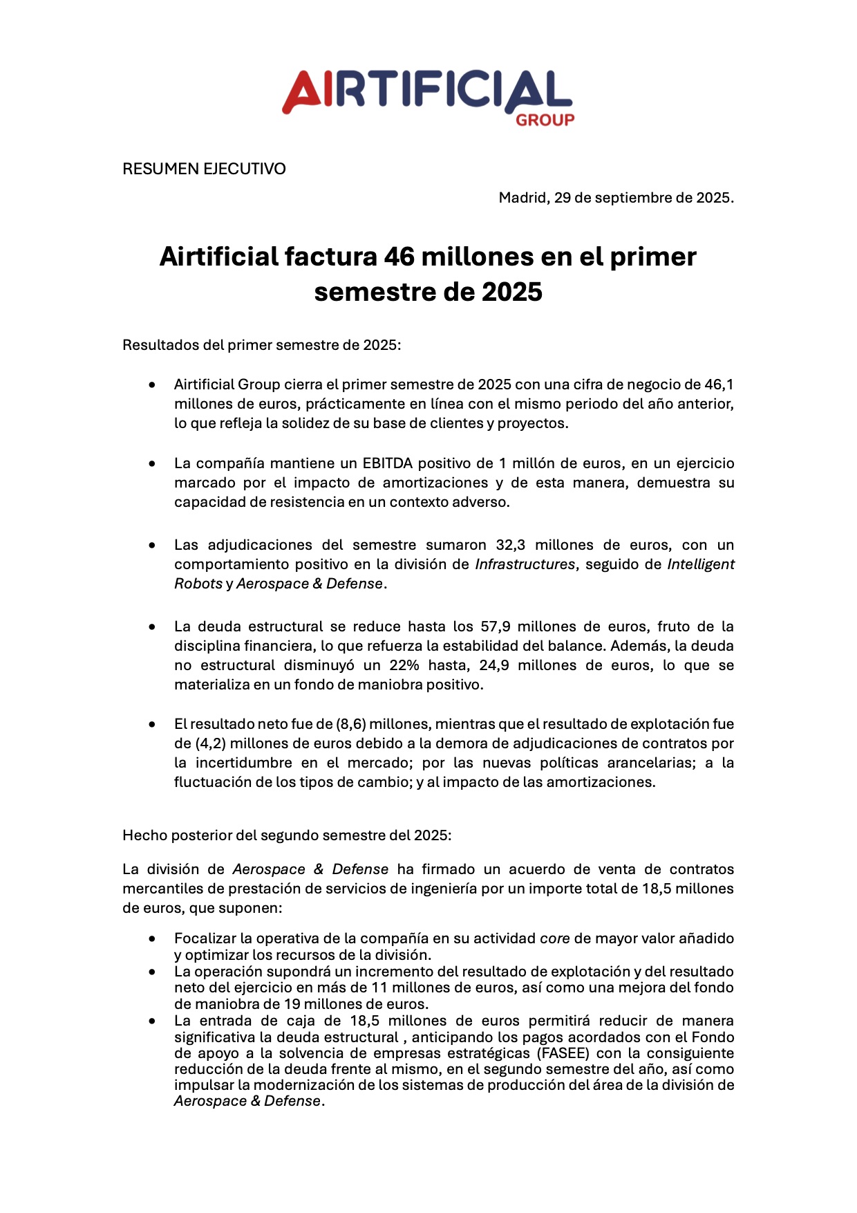 El Grupo Airtificial factura 46 millones en el primer semestre de 2025