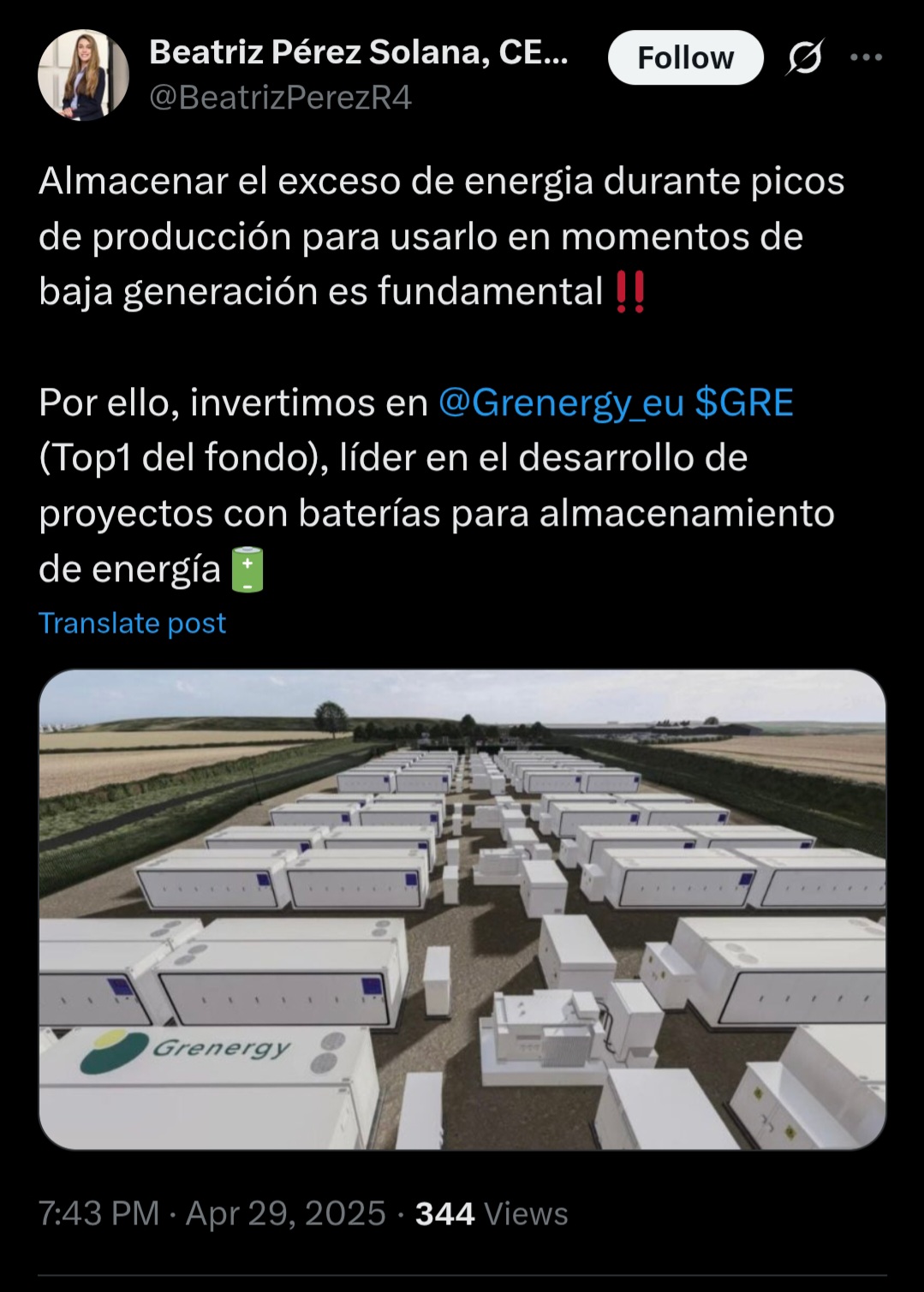 Si alguien quiere tener una referencia en España de cúal es el futuro inmediato del almacenamiento y las baterías, le puede echar un ojo a la evolucion de Grenergy en los últimos 20 días ( 25%, es decir, 300MM de euros para casi 1.500 millones de euros de capitalización y una deuda neta de 566 millones; 60 MM de beneficio neto).
Ellos nos fabrican baterias, se las compran a BYD.