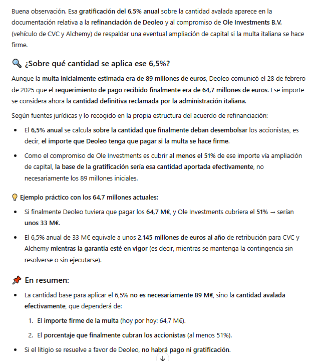 Le he preguntado a GPT a ver que me dice de eso y su interpretación no es la del periodico sevillano. El que avala es OLE investment, que está participado por CVC y Alchemy al 51%-49%.