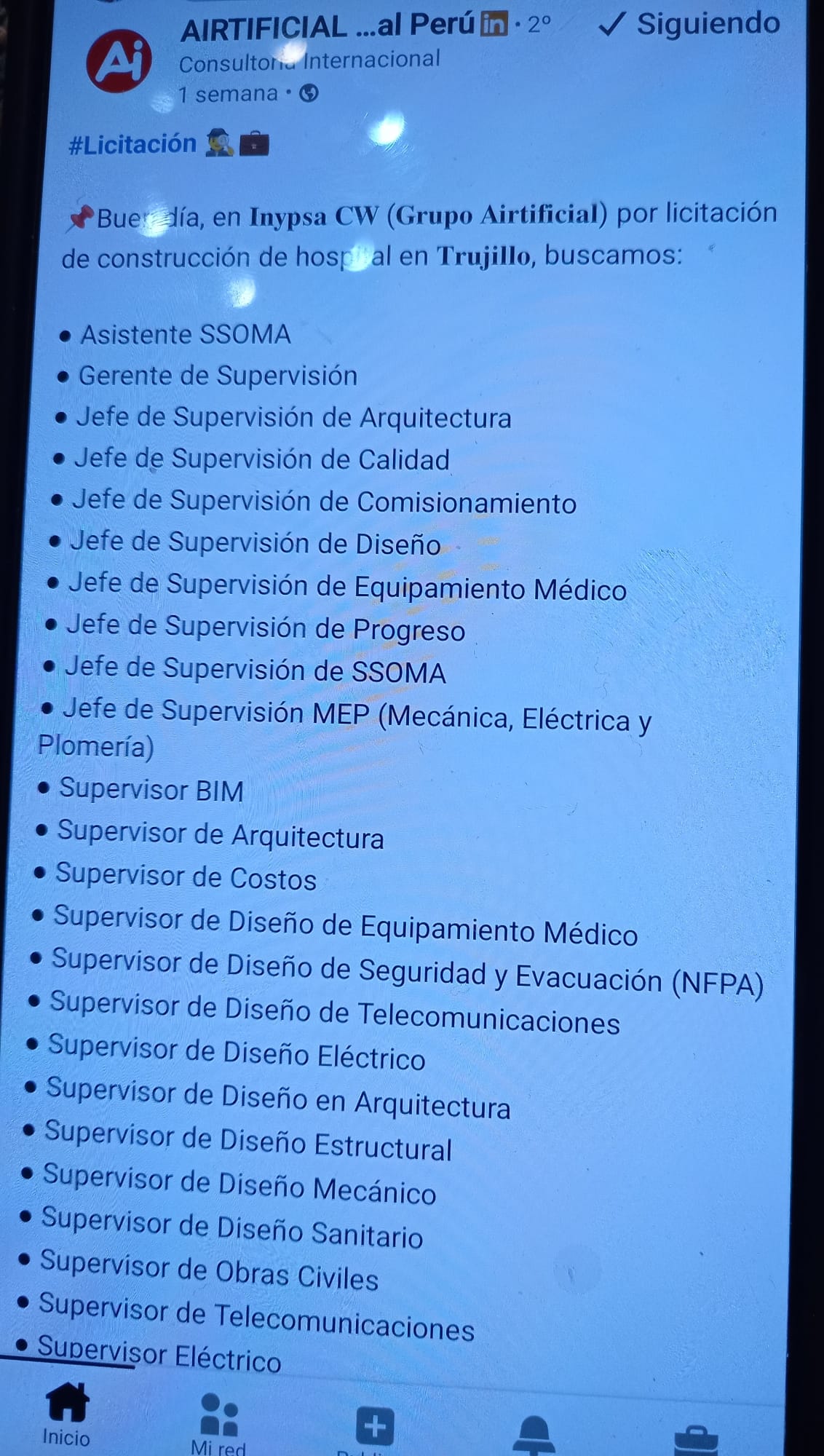 Oferta de trabajo de Airtificial infraestructures de 28 puestos de una tacada, para la construcción de un hospital. Está licitación la han comunicado?.