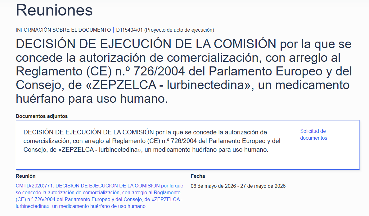 Buenos días,
La CE se reune hoy y la decisión es aprobar definitivamente y conceder autorización de comercialización a Zepzelca: