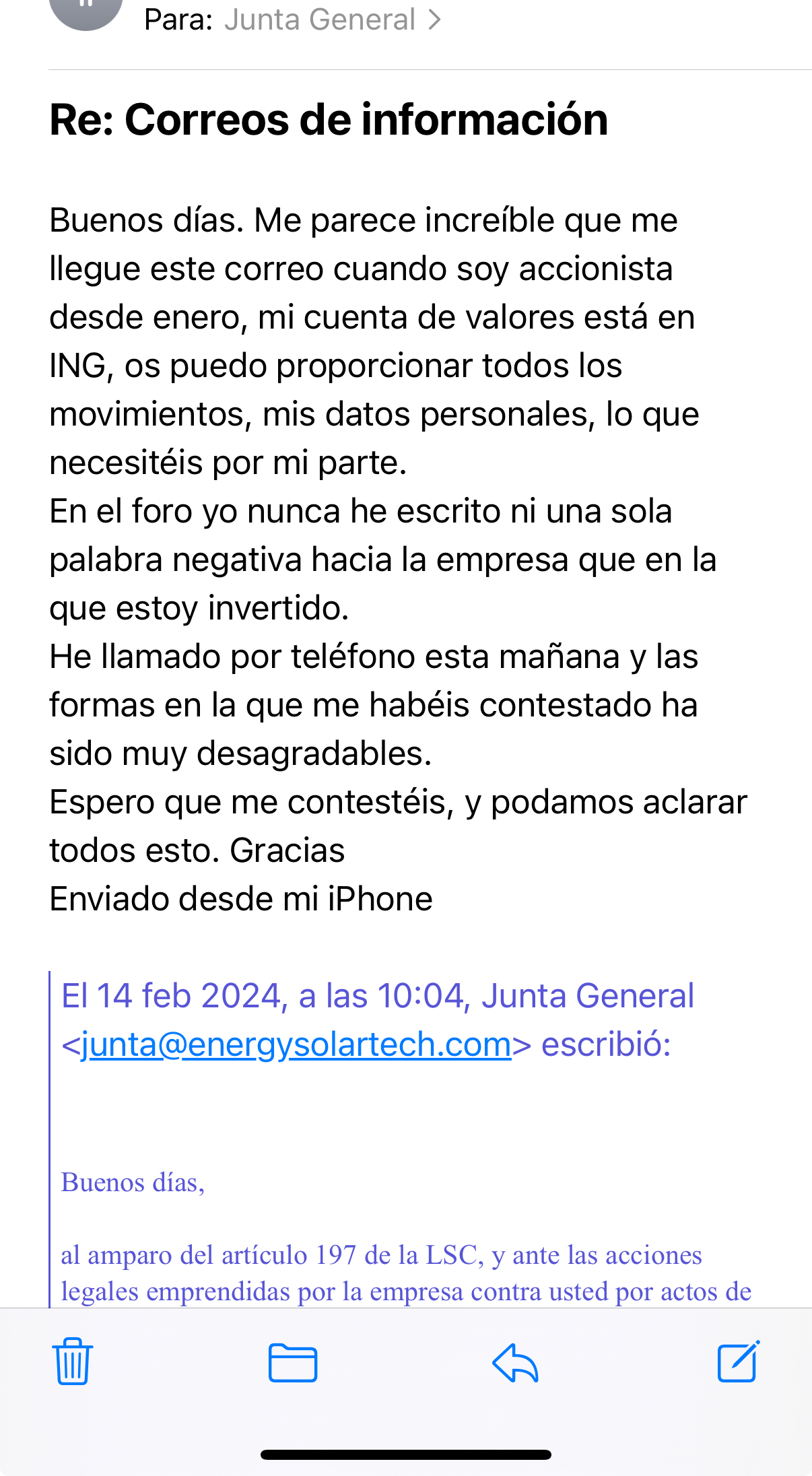 Mensaje que nunca me han llegado a contestar . Todo muy transparente.
