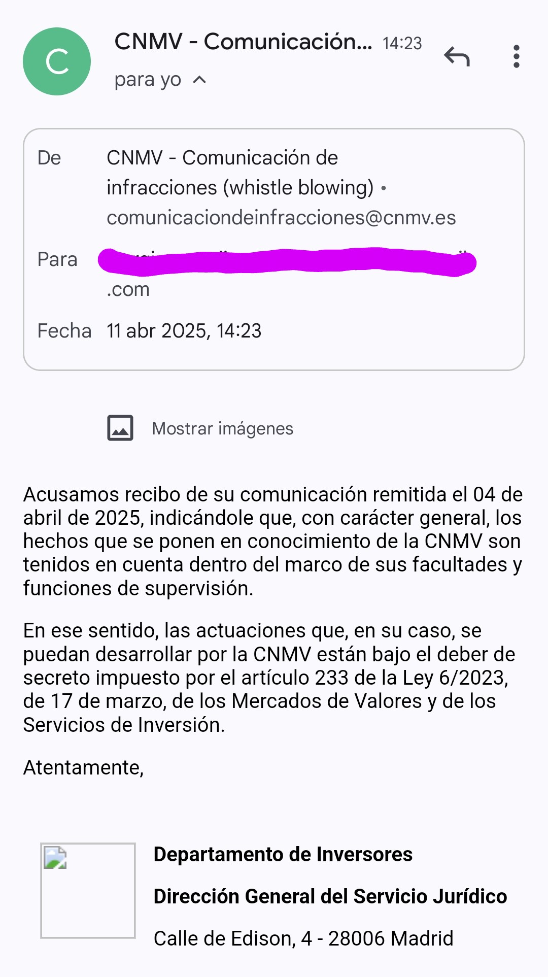 Aqui esta la respuesta de la cnmv de hace 1 hora