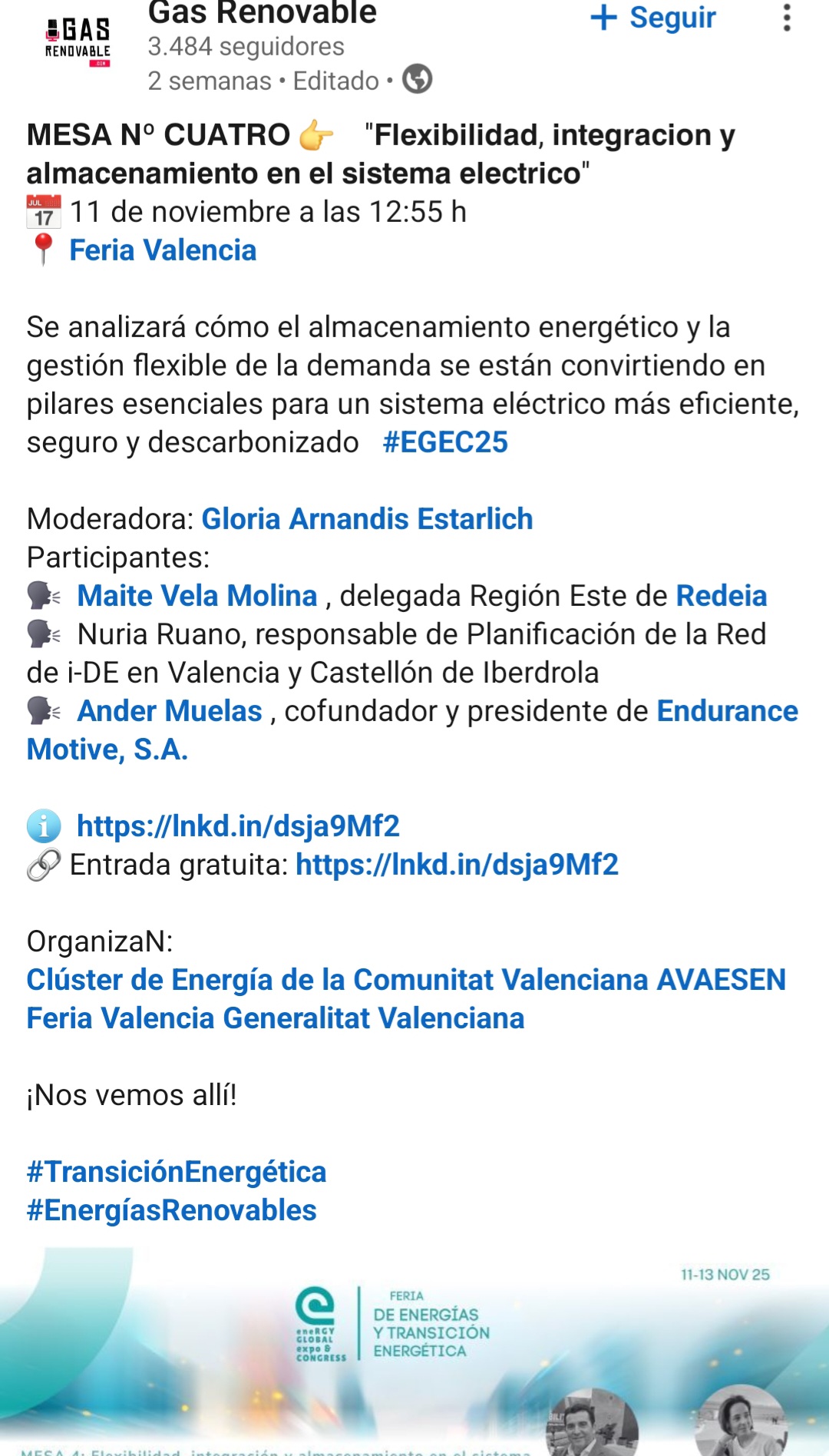 Ander tiene doblete hoy; es curioso, las compras han comenzado a la misma hora que empezaba la mesa con Redeia e Iberdrola. Por cierto, la mesa la ha moderado la Directora de Operaciones de NRG investment (cliente de END en Valencia que ha obtenido en los FEDER, 14MM para instalar 120MWh de almacenamiento).