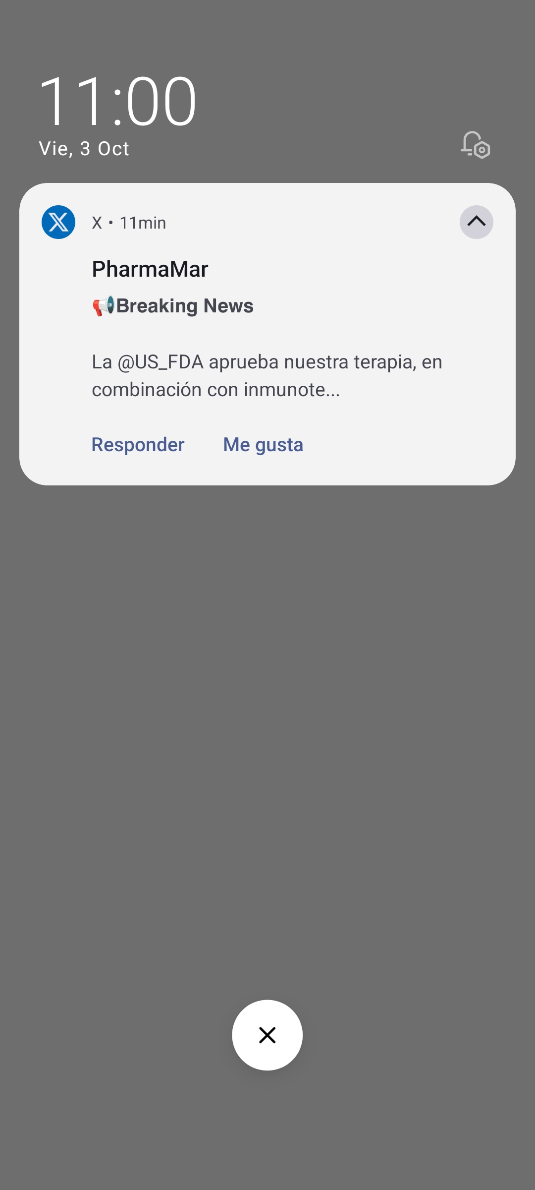 Notificación de la cuenta de pharmamar en x.
Breaking news