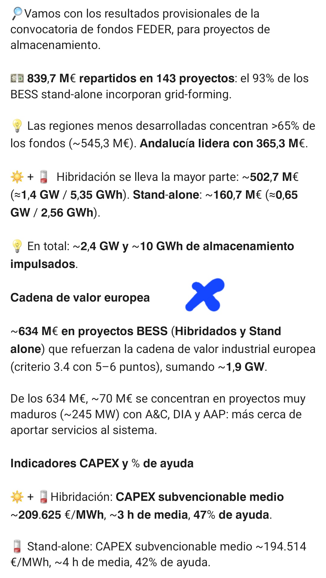 634MM de euros para proyectos con el criterio 3.4 dentro del rango de 5 a 6 puntos pero es que además, pueden caer proyectos de los de 6 puntos que no tengan bien atado el asunto de las celdas no asiáticas, en la UE no hay fábricas de celdas y la única opción es el reciclaje de celdas de segunda vida, realizado dentro de la UE.
