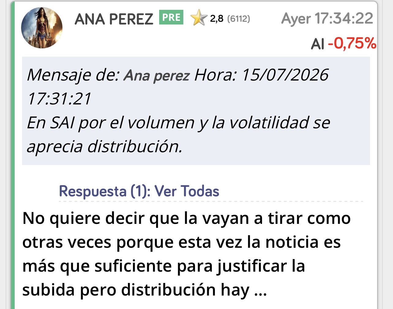 Lo dejaré cuando yo quiera
Nadie me da órdenes aquí.
Lo explicaré mejor.
Que distribuyan no quiere decir algo malo porque muchas veces lo hacen para barrer un poco y relajar indicadores antes de seguir subiendo ( descanso ) y poder seguir acumulando a mejores precios….
Nunca quise meter miedo sino todo lo contrario
Los descansos son sanos
Si la dejan claro.
Bueno paso ya …
Felicidades a los que creyeron cuando pocos lo hacían porque ellos son los más afortunados.
Ver lo que pocos ven ….
Saludos a todos