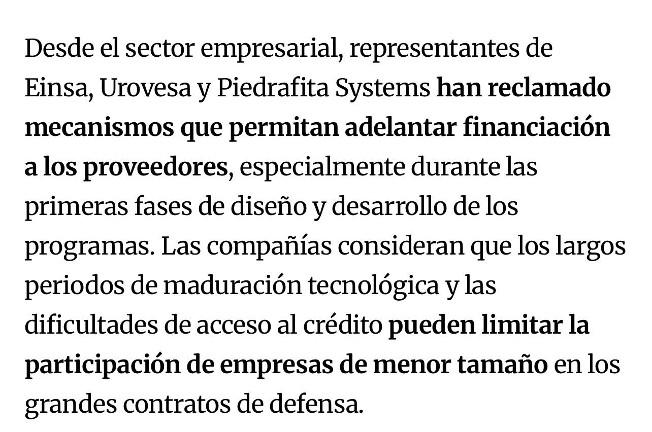 Ojo a esto porque ya no hablamos sólo de firmar el contrato con Indra sino que irá acompañado de financiación.
Algo lógico y necesario para poder desarrollar los programas en sus inicios…