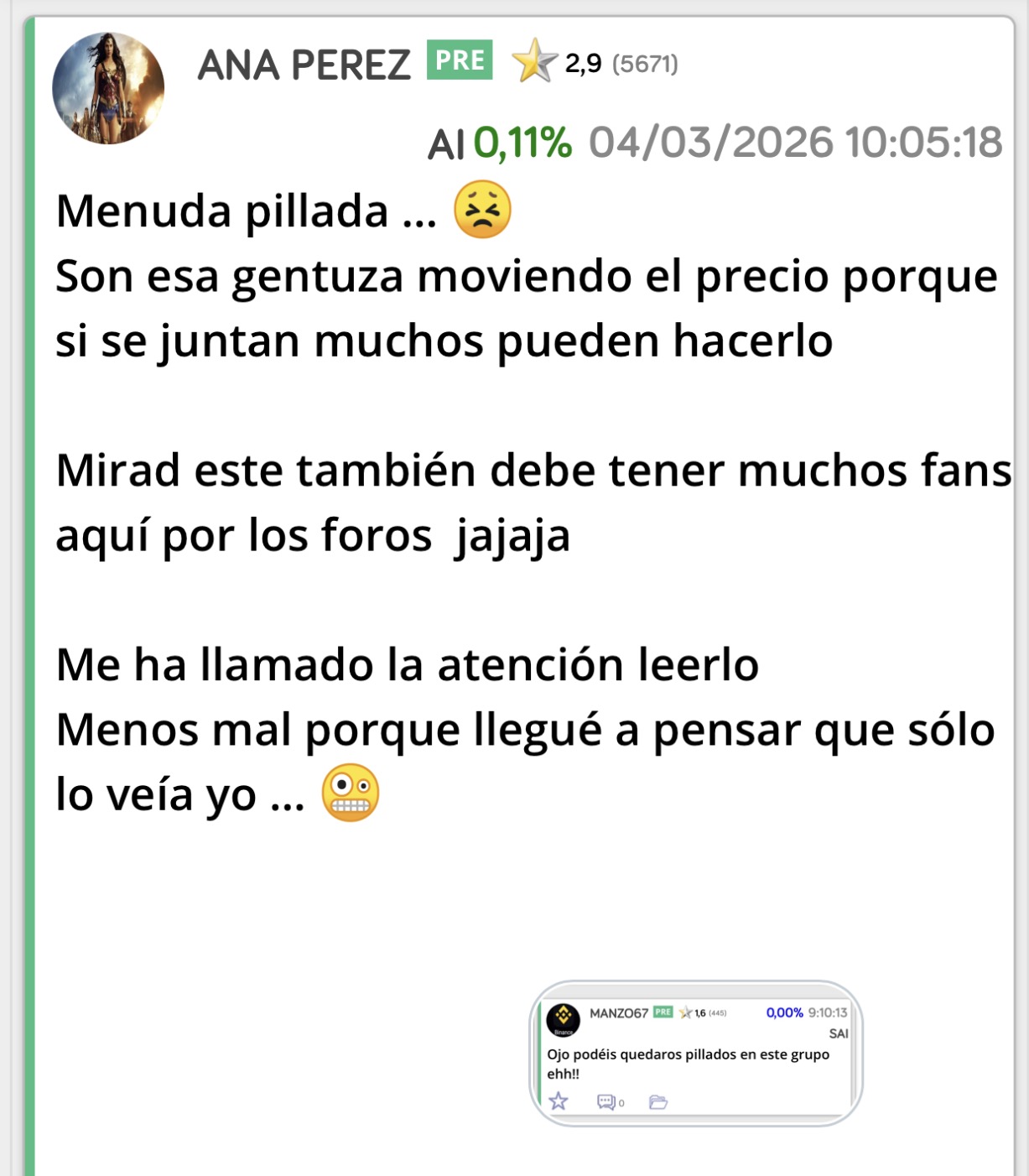 Y la prueba…
Por cierto un hombre honrado.
También avisó de esos grupos…
Dejan a muchos pillados. <span class="Emo25"> </span>
Observar mi puntuacion y la de ese hombre que avisó… un 1,6 !!! <span class="Emo16"> </span>
No nos quieren aquí claro
Está web está diseñada para ellos los que roban no para gente honrada.
Te pueden señalar y van a por ti…