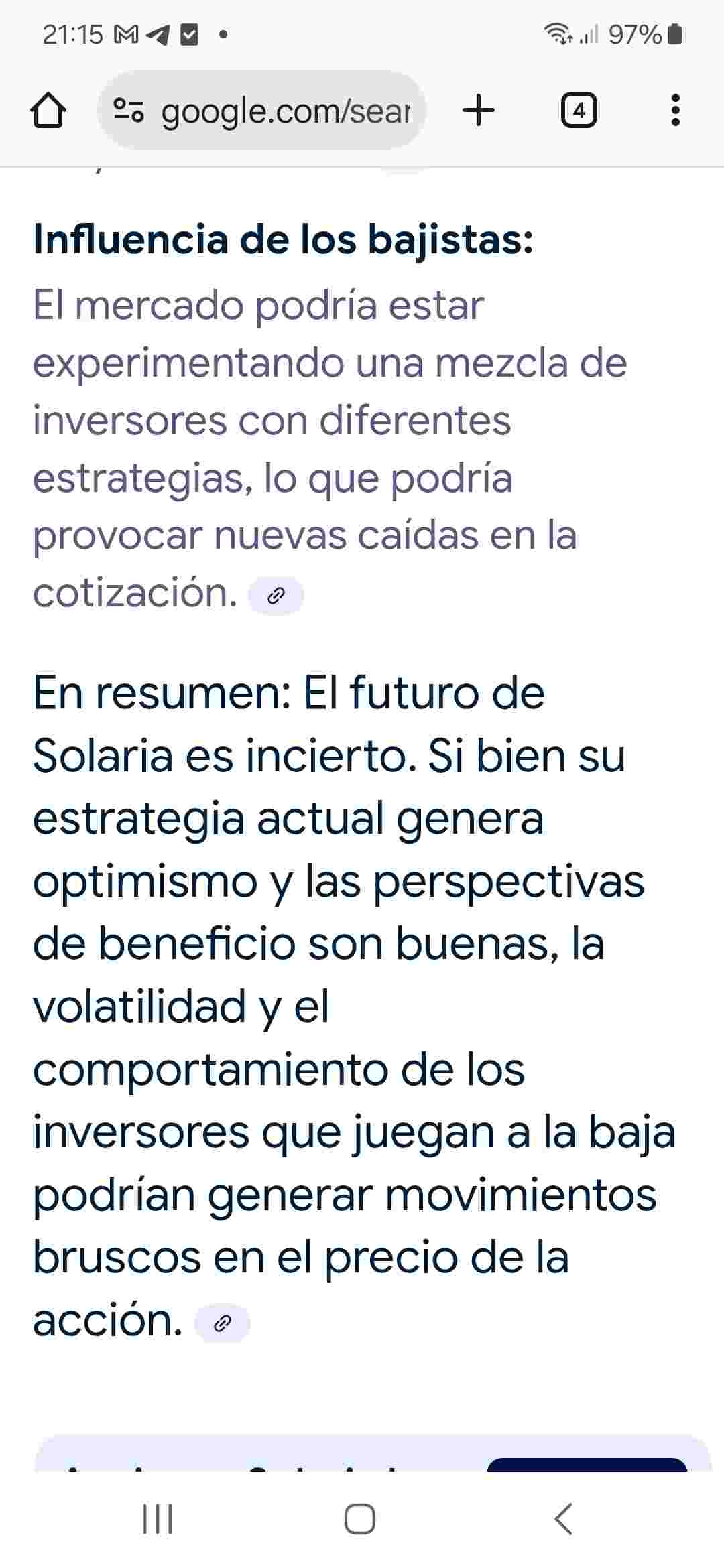 Respuesta de la IA a la pregunta de ¿Qué le va a pasar a las acciones de Solaria?