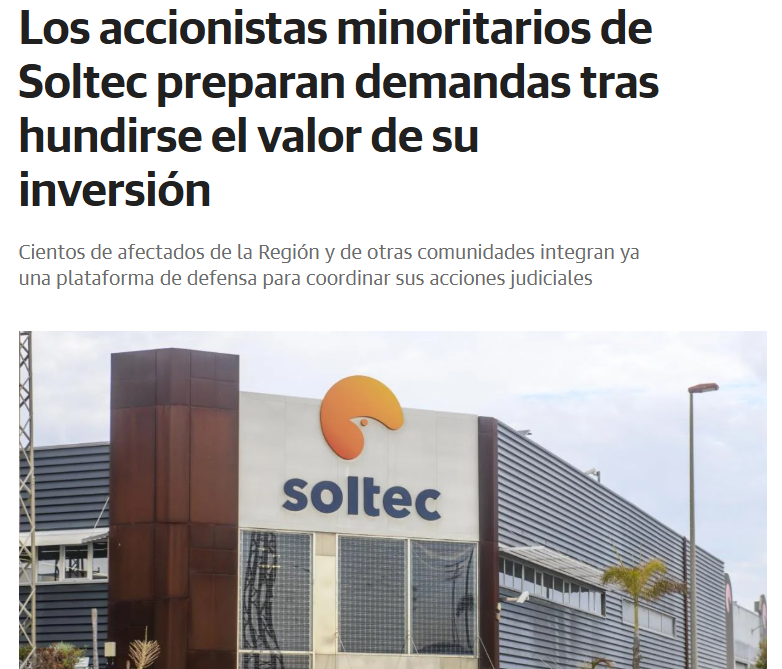 BUENOS DIAS
FYI
Los accionistas minoritarios de Soltec preparan demandas tras hundirse el valor de su inversión | La Verdad