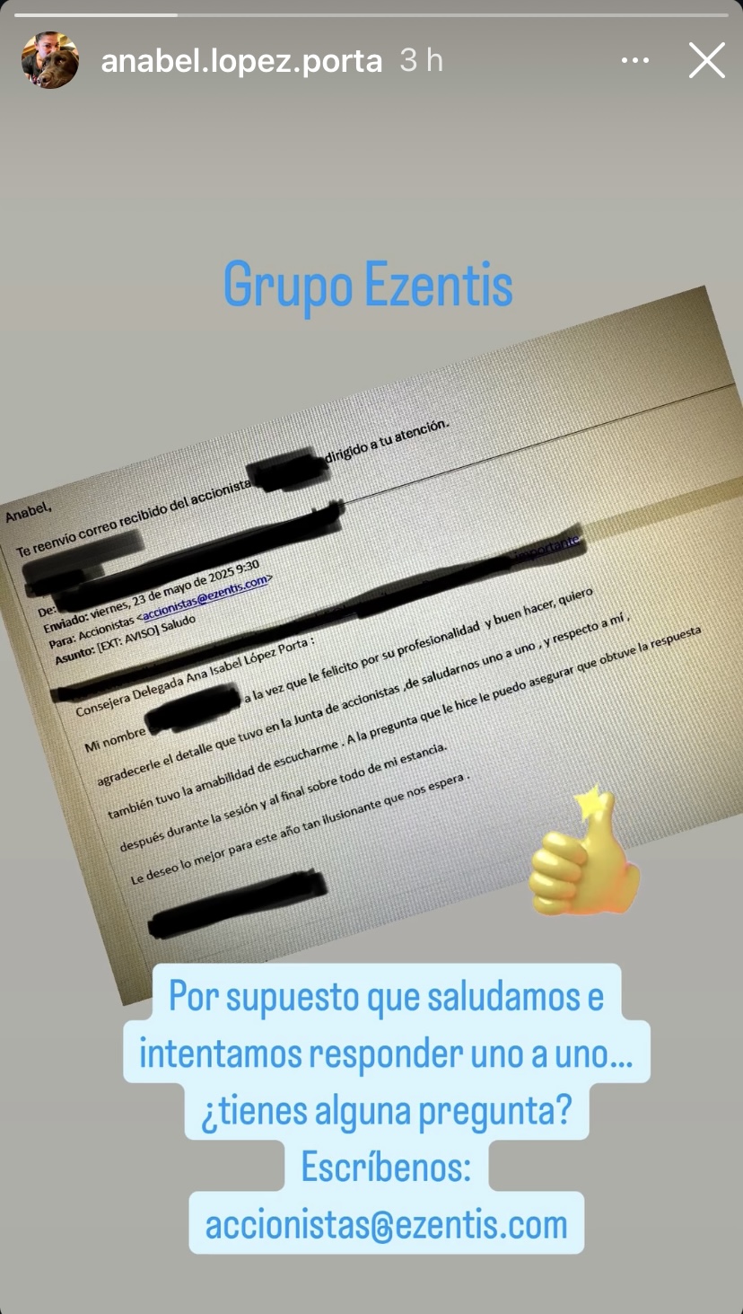 De pie, frente al número 22 de la madrileña calle Serrano, me da por mirar lo que dice nuestra Ceo en Instagram y os lo paso. Otra señal de que están muy esperanzados con Eze. Van a convertir a Ezentis en el amor carnal en persona.