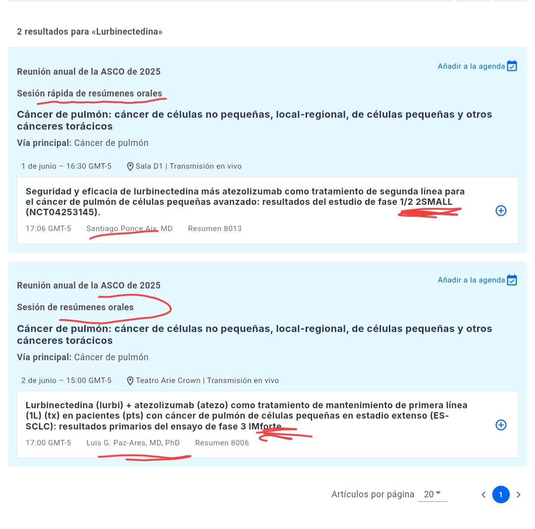 Pues eso , resumiendo
Tenemos dos presentaciones orales en ASCO , una Presentación Oral de las chulas **, con " ImForte " por Paz Ares .
El día 2.
Y otra prsentación oral de las pequeñaas con los Datos de 2SMALL.
La hace Santiago Ponce
El día 1 ,
Genial que nos concediesen una Expo tb oral con 2small.