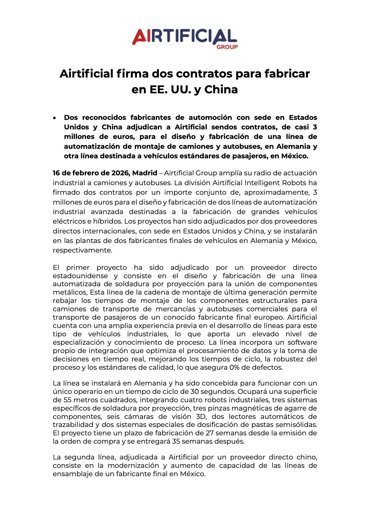 Airtificial firma dos contratos en el área de automoción para fabricar en EE. UU. y China.