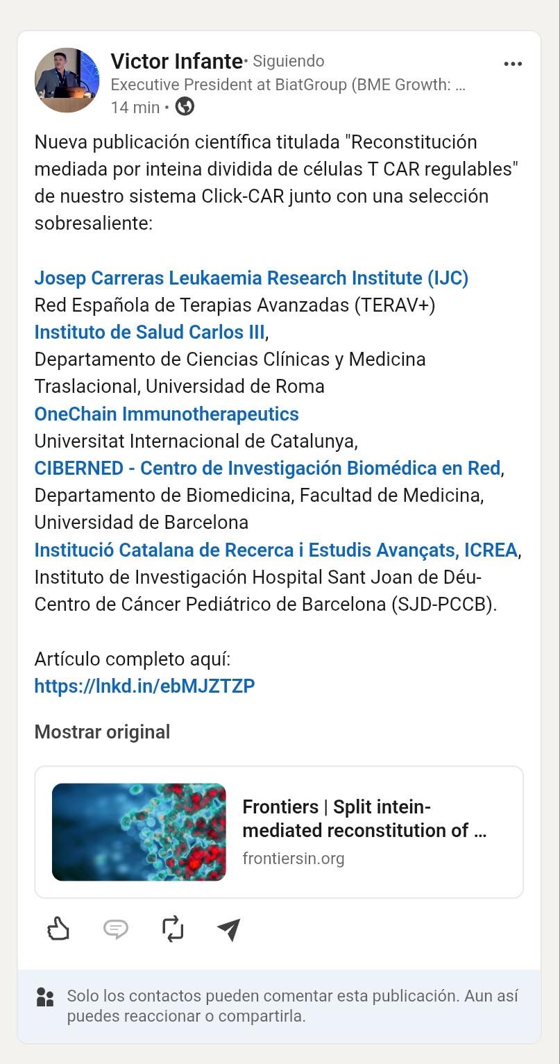 Notición.
Cuando ambas se encuentran, las split inteins hacen protein trans-splicing y reconstruyen un CAR funcional en la superficie de la célula T. En el modelo CD1a para T-ALL consiguen eficiencias de splicing de hasta 85%