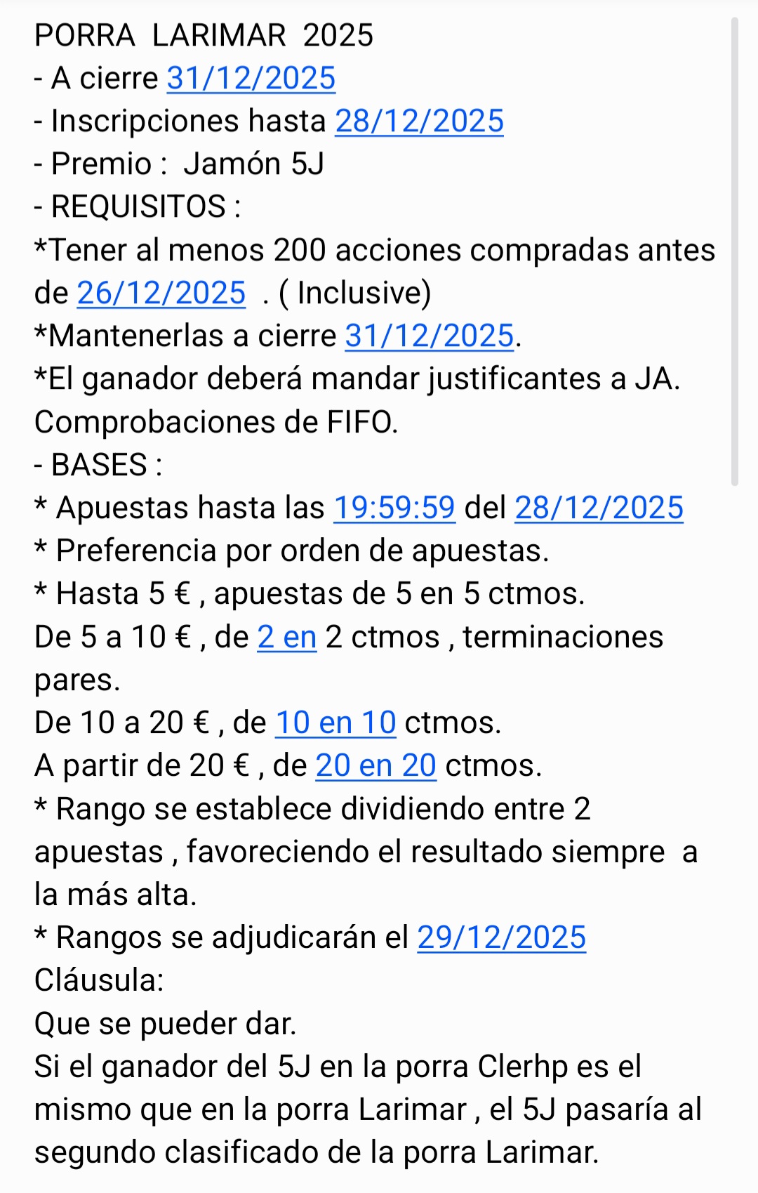 Bases y requisitos nueva Porra Larimar