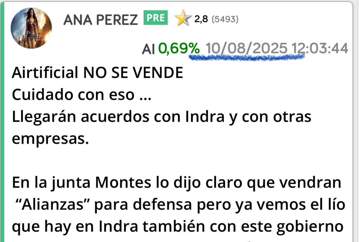 Pues si yo estoy tarada … <span class="Emo26"> </span>
Siempre defendí que no la iban a vender en contra de la mayoría aquí pero sí que llegarían acuerdos con Indra.
Se ve que conozco mejor la empresa que la mayoría aquí..