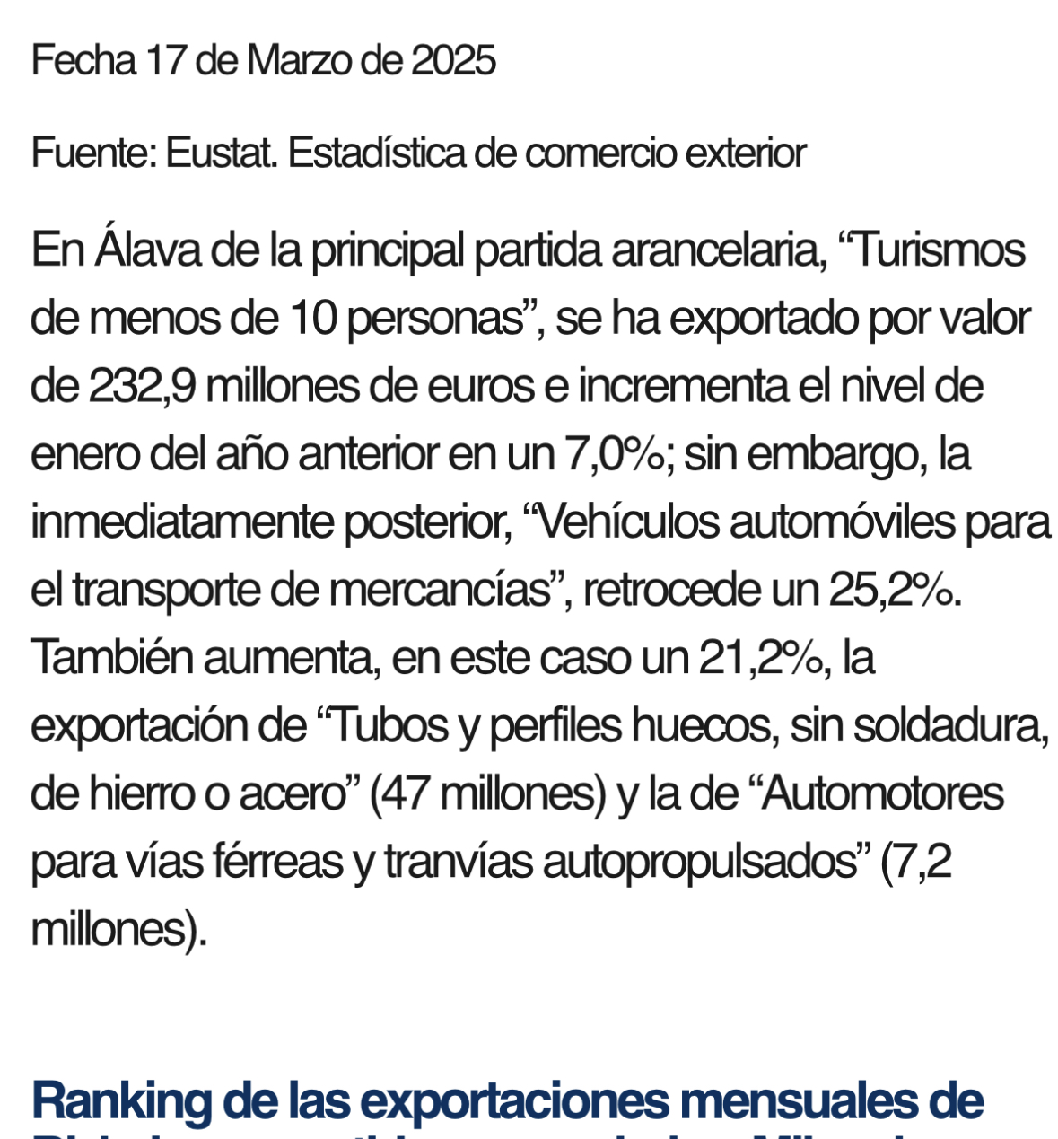 Parece que ye van aumentando las exportaciones de tubos … tras año y medio de caídas