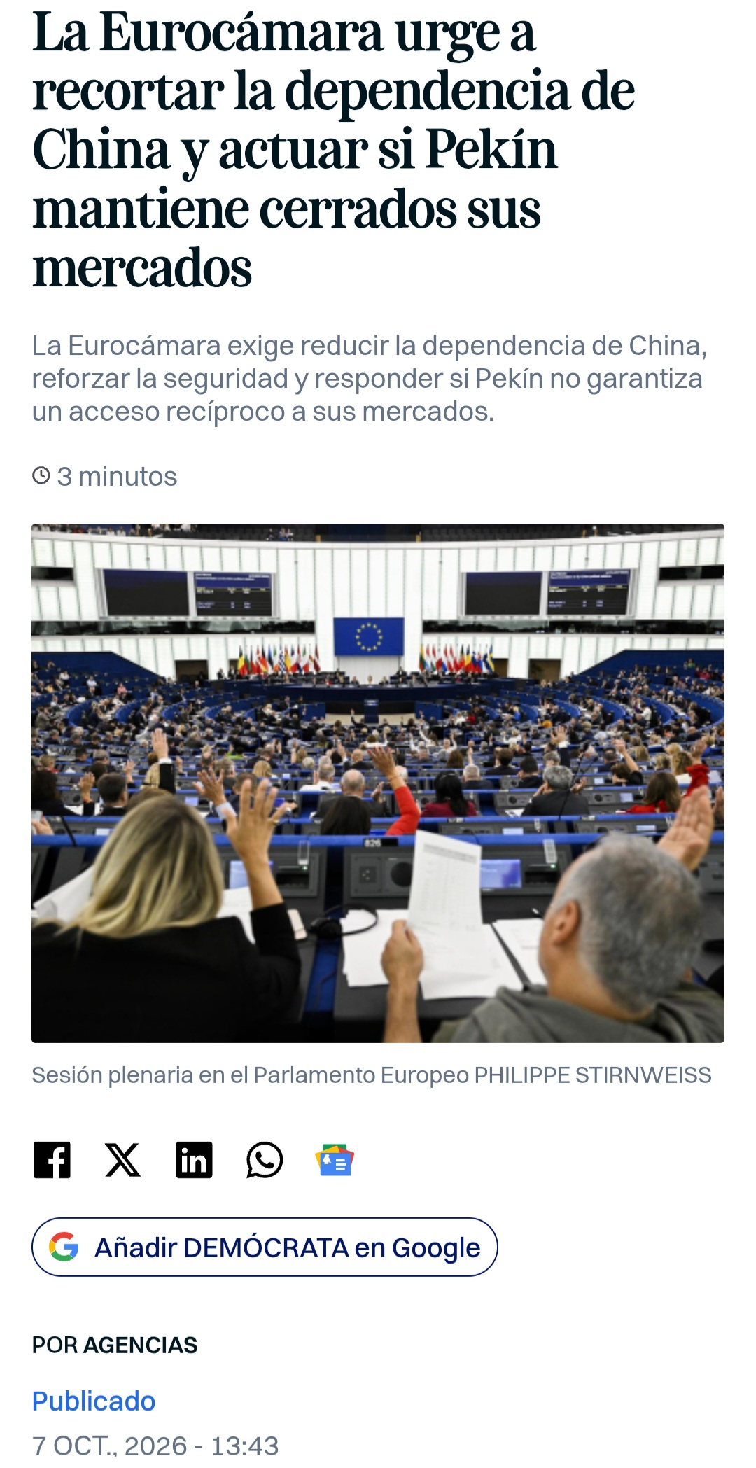 "Hoy, el Parlamento Europeo ha reclamado una estrategia «rigurosa» para reducir los riesgos derivados de la dependencia europea de China, especialmente en ámbitos como las materias primas críticas, los medicamentos, las baterías, los vehículos eléctricos, las tecnologías de la información, los semiconductores y otros sectores considerados estratégicos"
454 votos a favor
86 en contra
110 abstenciones
Este resultado, en plena tramitación de la IAA/CSA2 es mucho más trascendente de lo qué pueda parecer porque anticipa el rumbo regulatorio de la UE para el sector BESS con sus mil implicaciones para las decisiones de compra y financiación de los proyectos.