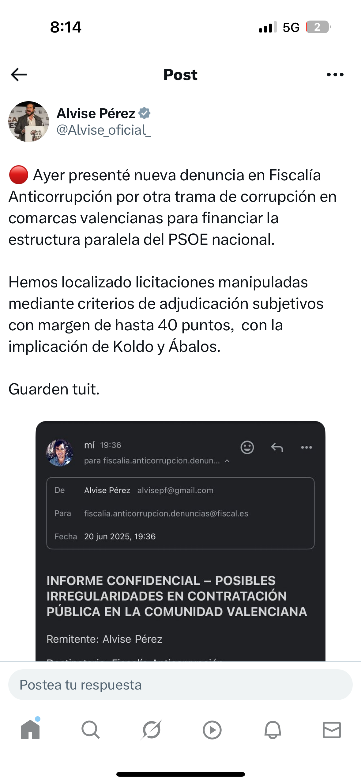 Empieza el día . Alvise es un jeta , pero ha acertado en muchas cuestiones que denunciaba. Pienso que le llega info policial.