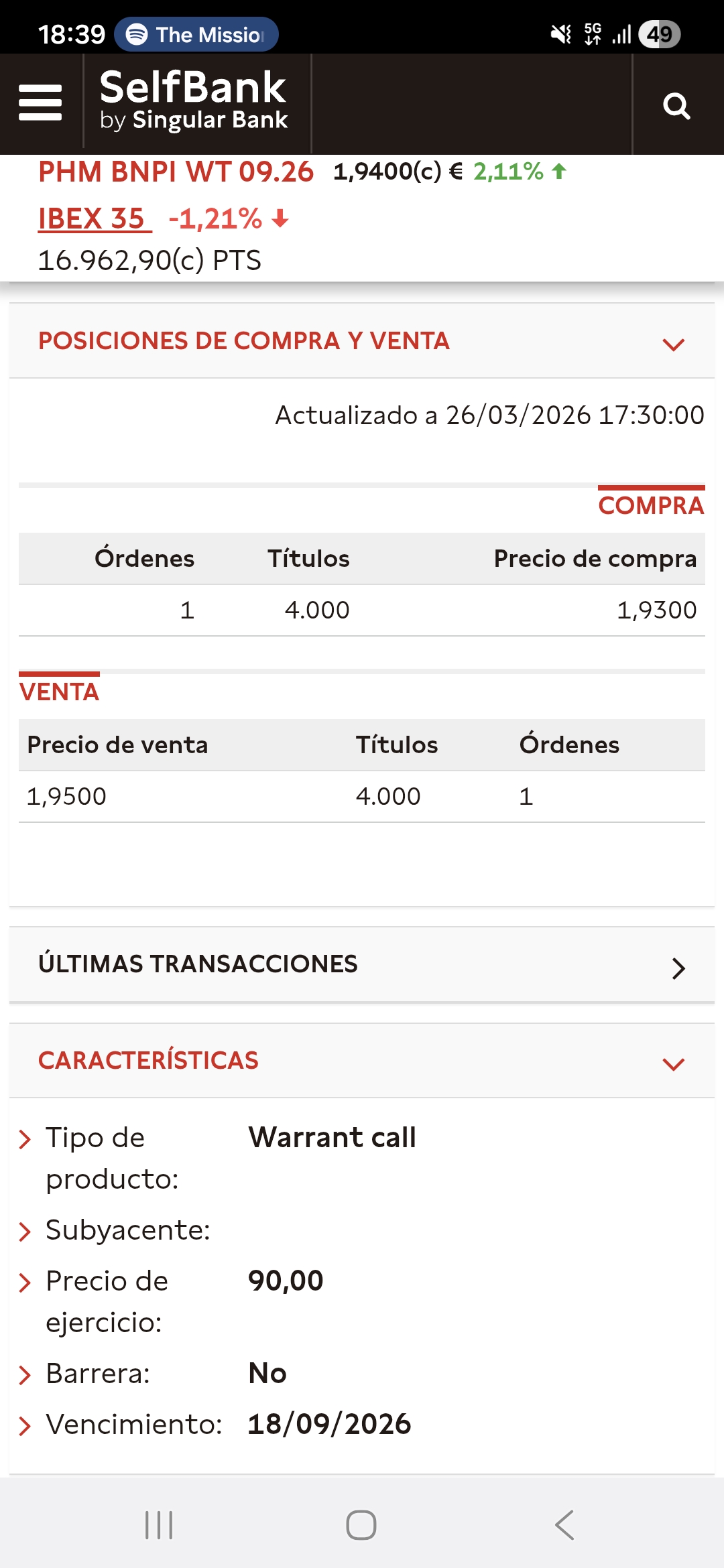 25/Mar/267
Warrant Call 1.91 eur
Acciones 89.60 eur
Análisis del Día (25/03/2026)
?Acción: Sube de 86,65 € a 89,60 € ( 3,40%).
?Warrant: Sube de 1,765 € a 1,91 € ( 8,22%).
?Elasticidad Diaria: 2,41. El warrant sigue amplificando con fuerza, situándose ya a un suspiro del strike de 90 €.
?Balance Acumulado (02/Feb/26 – 25/Mar/26)
Acciones PharmaMar
76,60 € a 89,60 € sube 16,97%
Warrant Call 90
1,365 € a 1,910 € sube 39,93%
?Ratio de Elasticidad Acumulado: 2,35.
Por cada 1% que ha subido la acción desde el inicio de la estrategia, el warrant ha rendido un 2,35%.