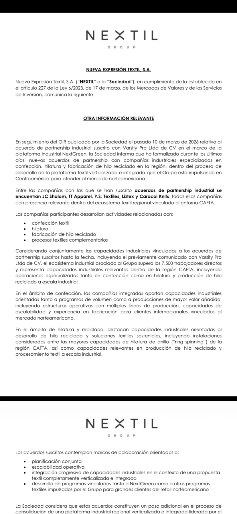 grafico de la accion Nextil