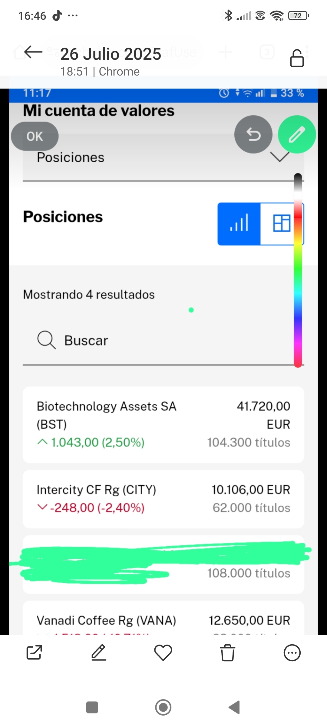 Volviendo a la cartera de Peter Vuc el promediador, que solo enseña el aumento de sus Vanadi pero no el detrimento de sus BST....me pasan por el pinganillo que lo que tiene tachado en verde es que dejó de cotizar hace ya algún tiempo