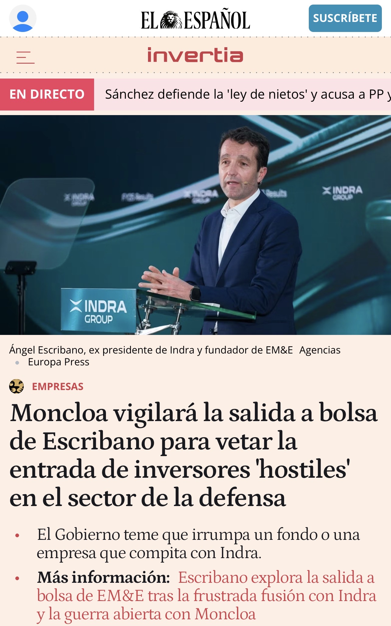 Anda mirad esto ! jajaja
Indra date prisa o nos contrata Escribano <span class="Emo28"> </span> <span class="Emo29"> </span>
Es otra posibilidad no ?
Si Escribano lo vio bien para Indra también para su empresa de armamento.