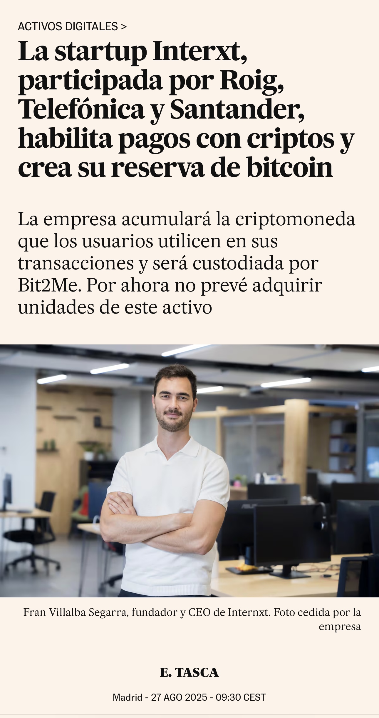 Interxt, participada por Roig, Telefónica y Santander, se suma a una estrategia muy similar a la de Vanadi.
Eso también da credibilidad a Vanadi.
Que sumado al OÍR de hoy por la noche….
Mañana tiene que ser un día MUY BUENO.