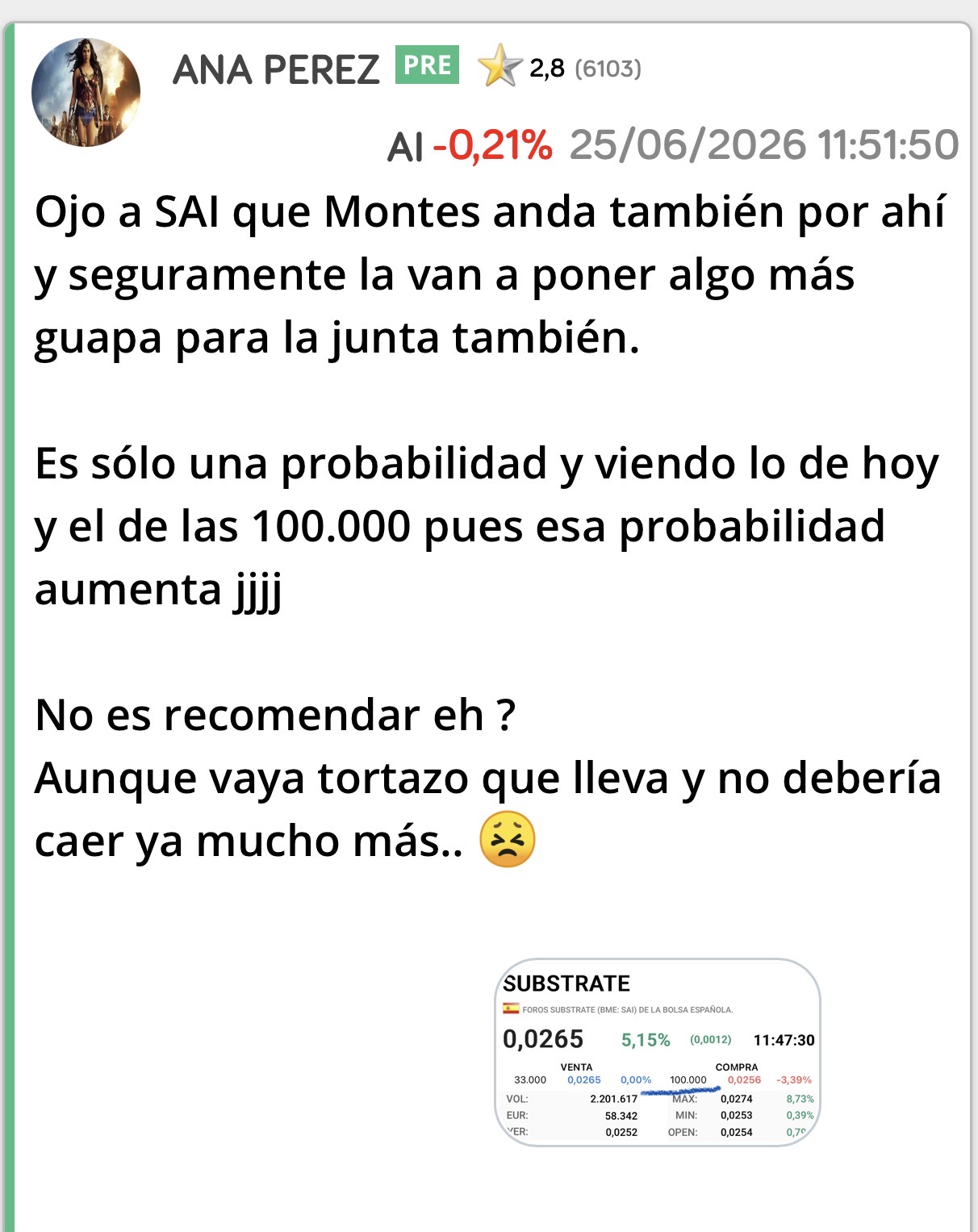 SAI la avisé a tiempo….
Y os dije que no vendáis si la pillasteis a buen precio aunque haya volatilidad porque ahí eso será lo habitual.
Parece que le ha sentado bien la llegada de Montes y era algo que intuía al igual que aquí también intuyo que no queda mucho ni se quedará atrás y será muy rápido también.