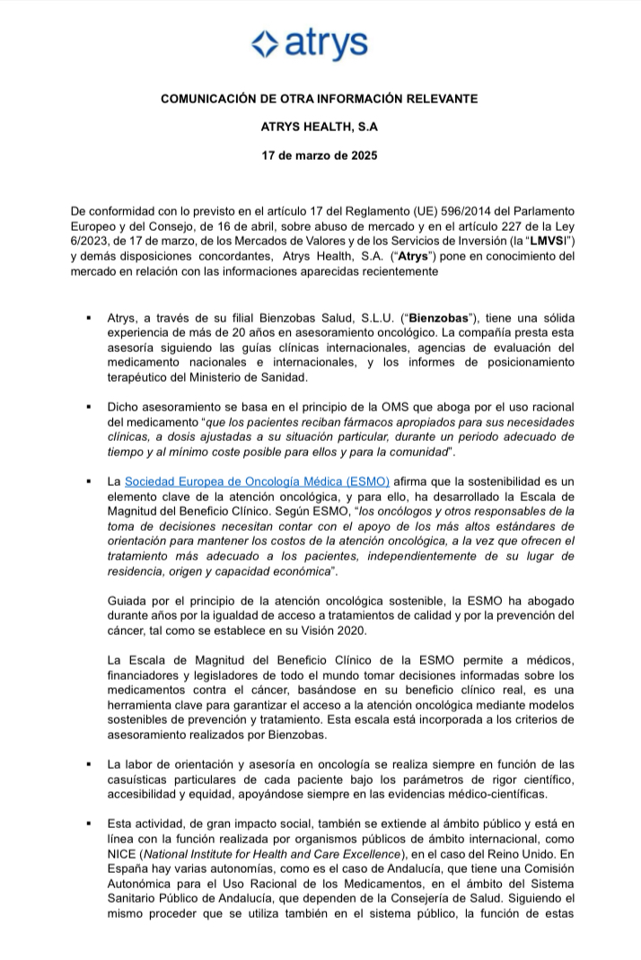 Atrys emitió un comunicado sobre esa info que pone Carlos. Entre los accionistas figura con el 6% Carmen Ybarra, consejera representada de Vocento, ABC entre otros muchos diarios. La acción subió con volumen salvo el día 17.