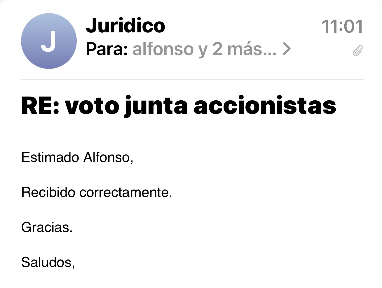 Me han contestado hoy del departamento jurídico de Bdi, que han recibido correctamente mi voto