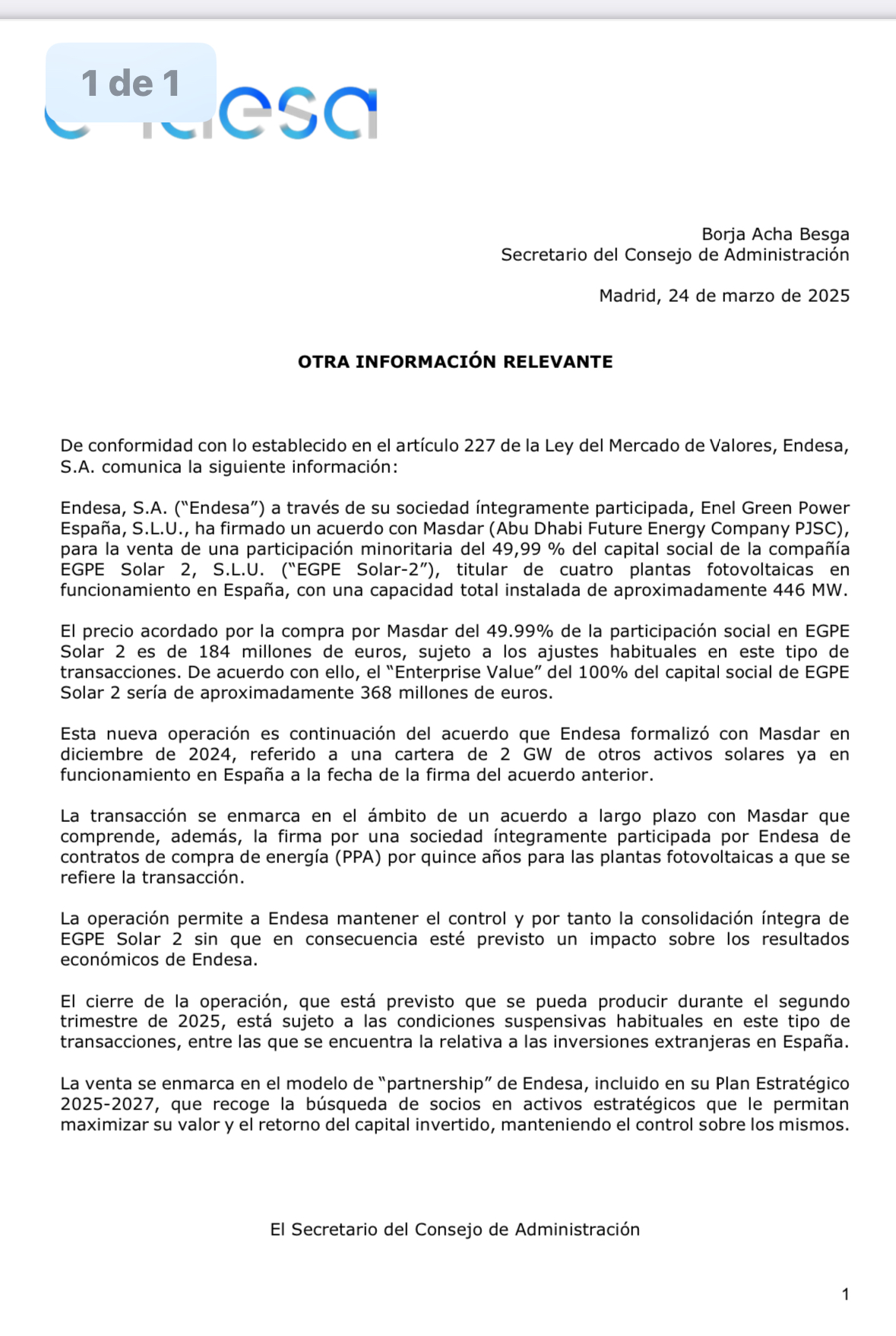 Es oir de esta tarde en Endesa. Para que veáis precios y que hay interés en renovables