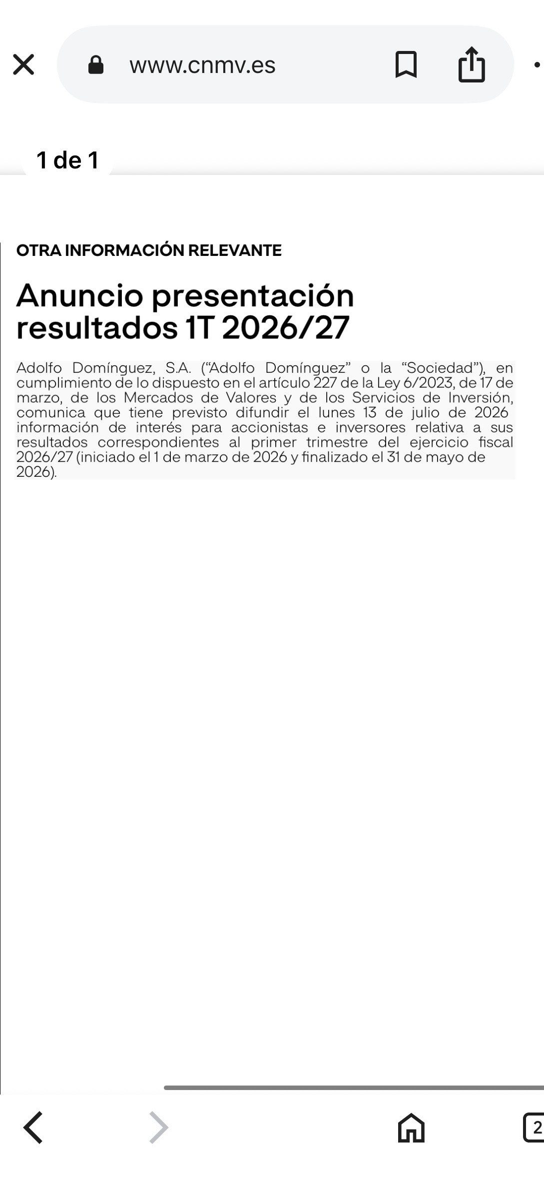 Resultados primer trimestre previstos para el lunes día 13 de julio