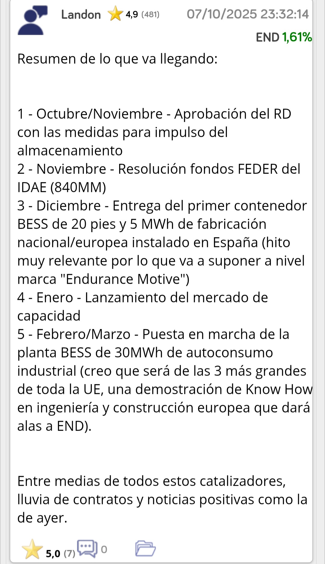 Tras un 250% y liderar las subidas anuales en España, unas semanas de goteo sin volumen eran previsibles. Recuerdo los 5 catalizadores clave, ya llega Nov y creo que será como Mayo y Agosto; ¿por qué? Quedan pocos días para la resolución de los FEDER y comprobaremos lo que supone el criterio 3.4 para END en una convocatoria tan igualada y concurrida ( 1.750 solicitudes). END se encamina a alcanzar, en algun momento de "26, una capacidad productiva de 125-150MM en tasa anualizada y 250MM en "27 (no hablo de ventas anuales que seran inferiores pq el incremento productivo será progresivo en el año pero el mercado no va a esperar para seguir comprando todo ese potencial que hoy está "a 43MM"). END aspira a un margen bruto en sus BESS del 20-25% en línea con el séctor, cada uno puede hacer números de dónde puede ir END "pasado mañana" y verá lo irrelevante que es el cierre del día.