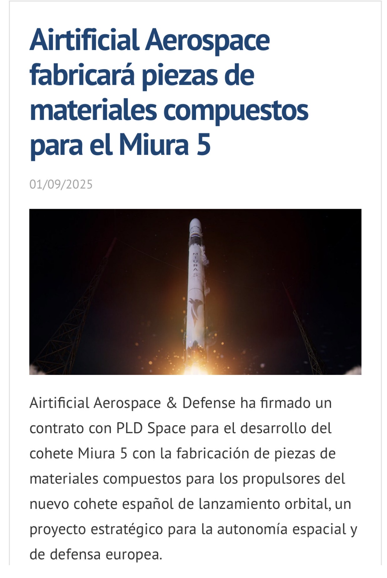 Venga que nosotros también nos iremos al espacio de la mano de PLD Space <span class="Emo7"> </span> jjjj
Una pena que no haya salido ya a cotizar pero cuando salga más de un ojito nos mirará … <span class="Emo38"> </span> <span class="Emo3"> </span> mmmmm jjjjj
Esto es calentar ?
No.
Es recordar donde estamos.
El contrato del Miura 5 es real !
No me lo invento ni tampoco decir que Airtificial es la única cotizada que participa en la construcción de un cohete aunque a algunos aquí les joda !
Vamos Airtificial que tú puedes <span class="Emo42"> </span> <span class="Emo12"> </span> jajaja