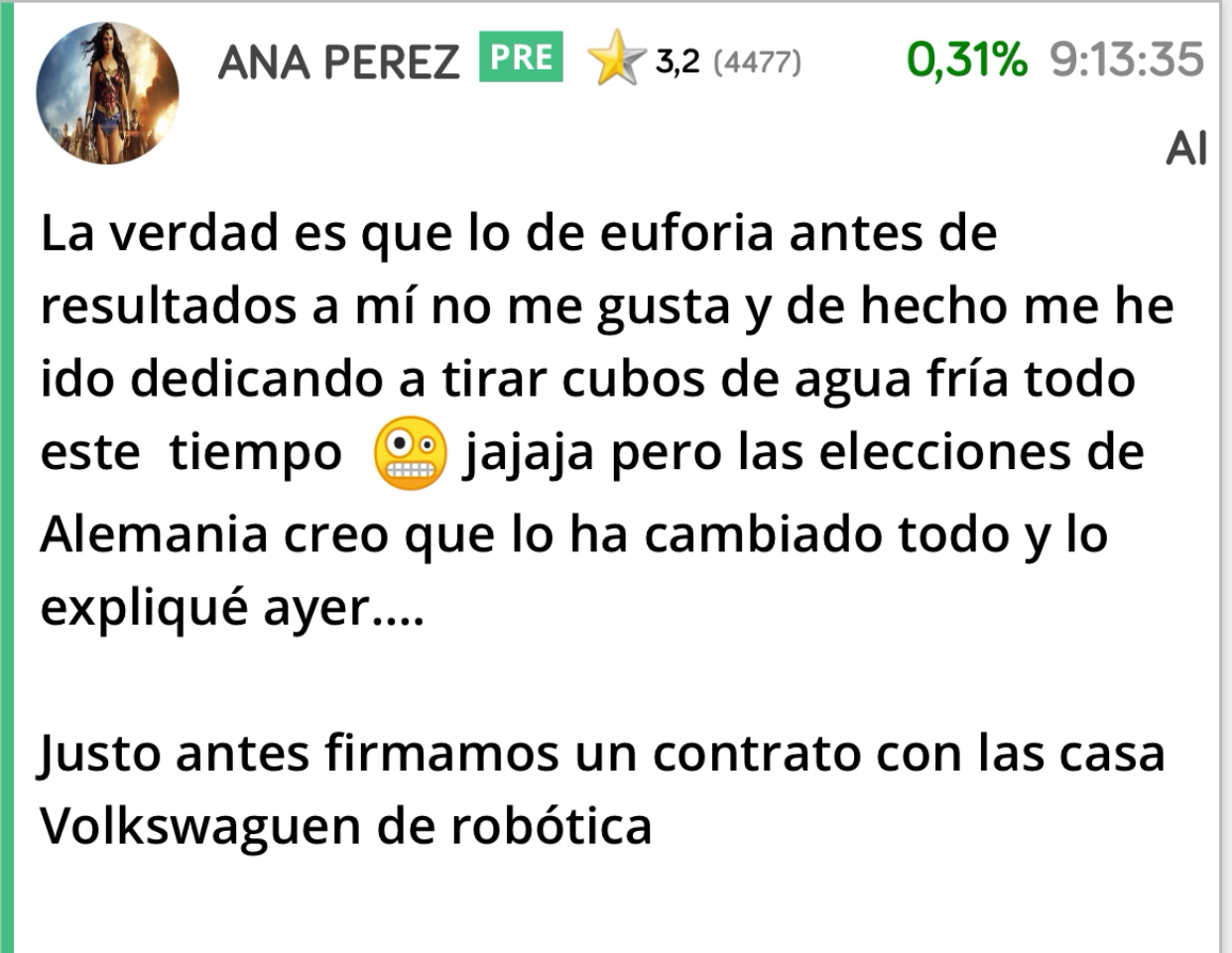 En 2025 que la calentaron tanto antes de dar resultados qué ocurrió después ?
Pa abajo <span class="Emo18"> </span> jjjj
Y lo avisé aquí pero como siempre mienten sobre mí y de vicio ya os le dará placer … <span class="Emo24"> </span> <span class="Emo24"> </span> jajaja
Y es verdad que las elecciones de Alemania calentaron el mercado en general…