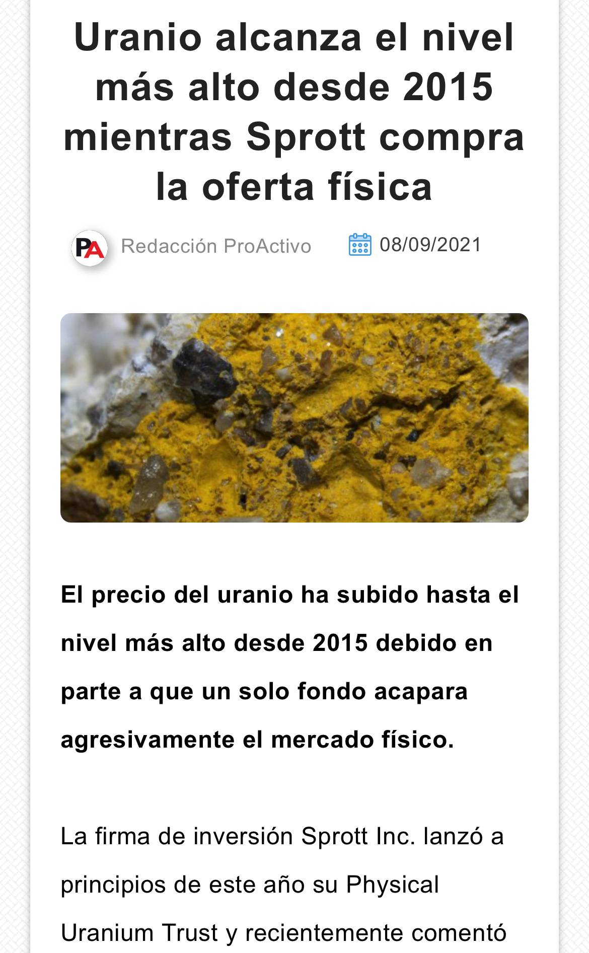 Os paso algo de información del fondo de inversión Sprott que ha aumentado su participación en Berkeley.
https://proactivo.com.pe/uranio-alcanza-el-nivel-mas-alto-desde-2015-mientras-sprott-compra-la-oferta-fisica/