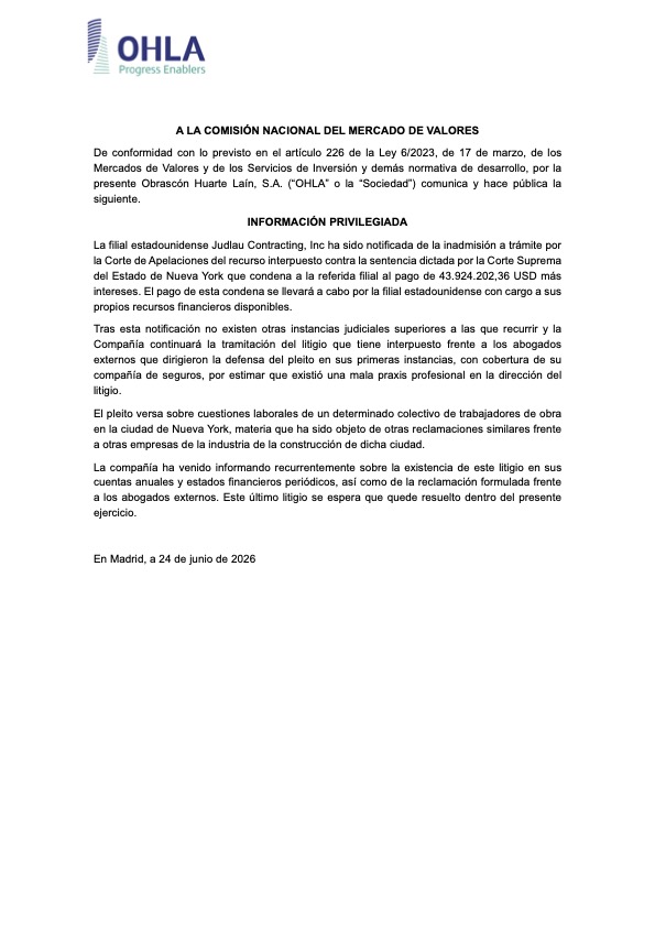 La Compañía comunica la sentencia dictada por la Corte Suprema del Estado de Nueva York que condena al Grupo al pago de 43.924.202,36 USD