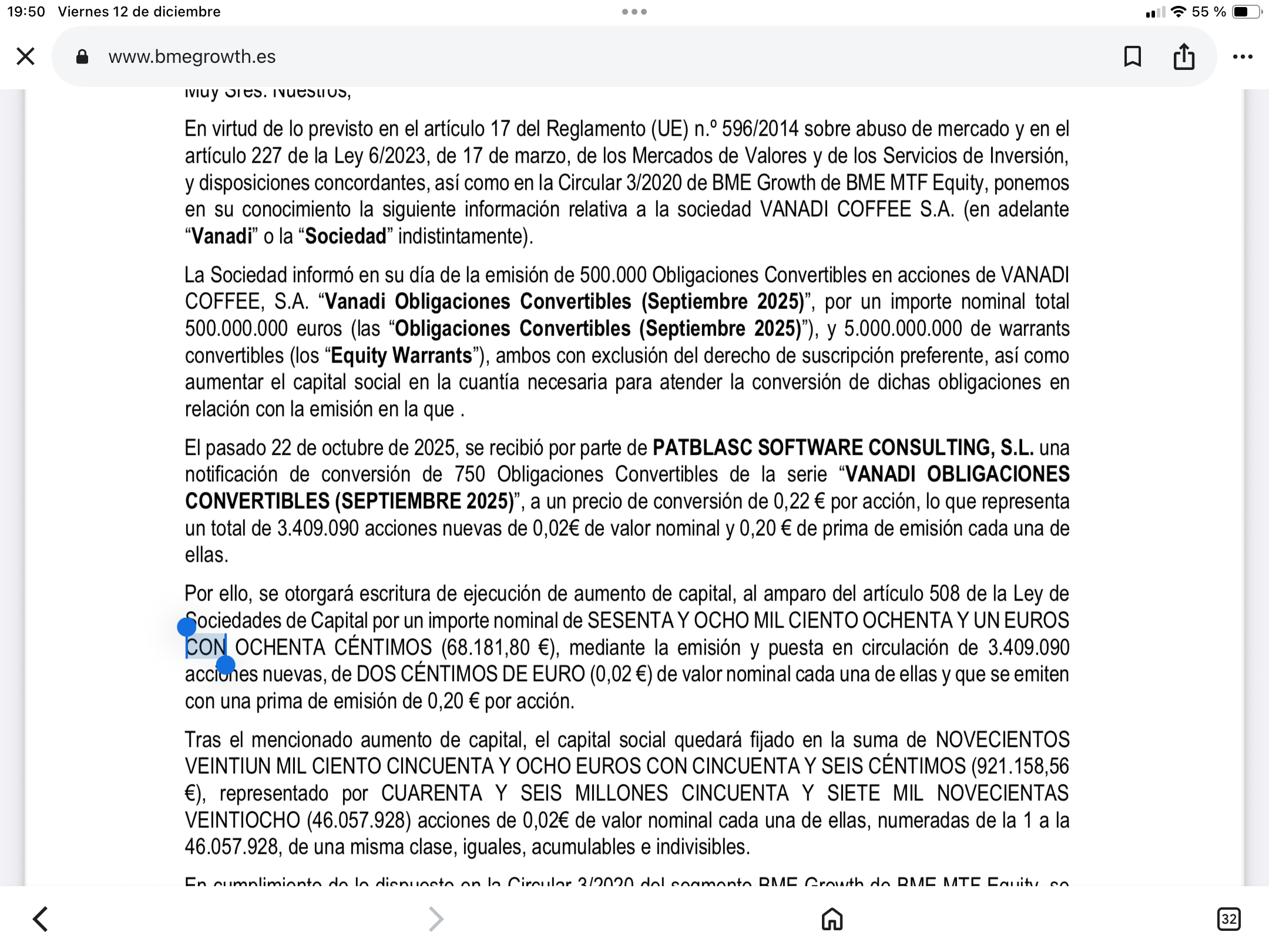 grafico de la accion Vanadi Coffee