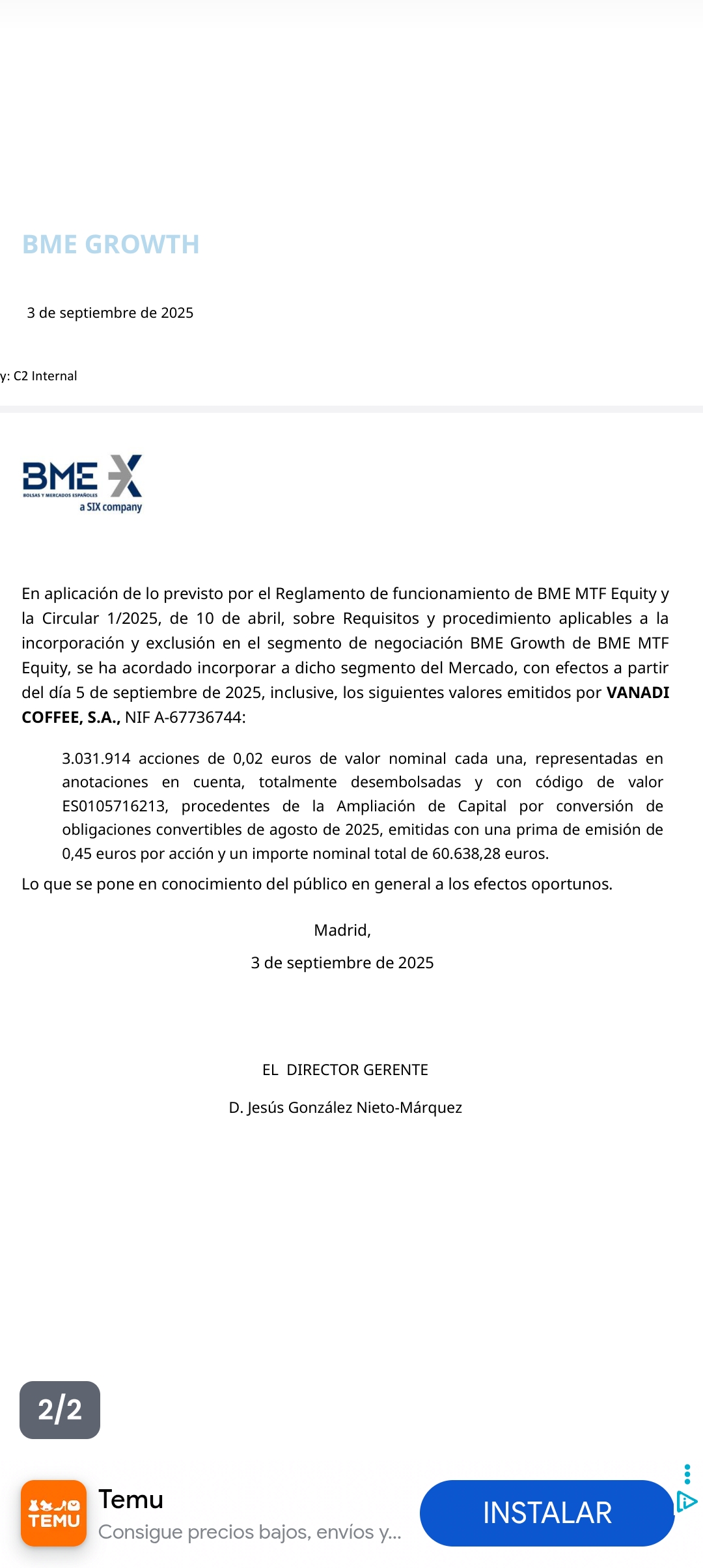 Ip nueva emision a 0.47€/acc