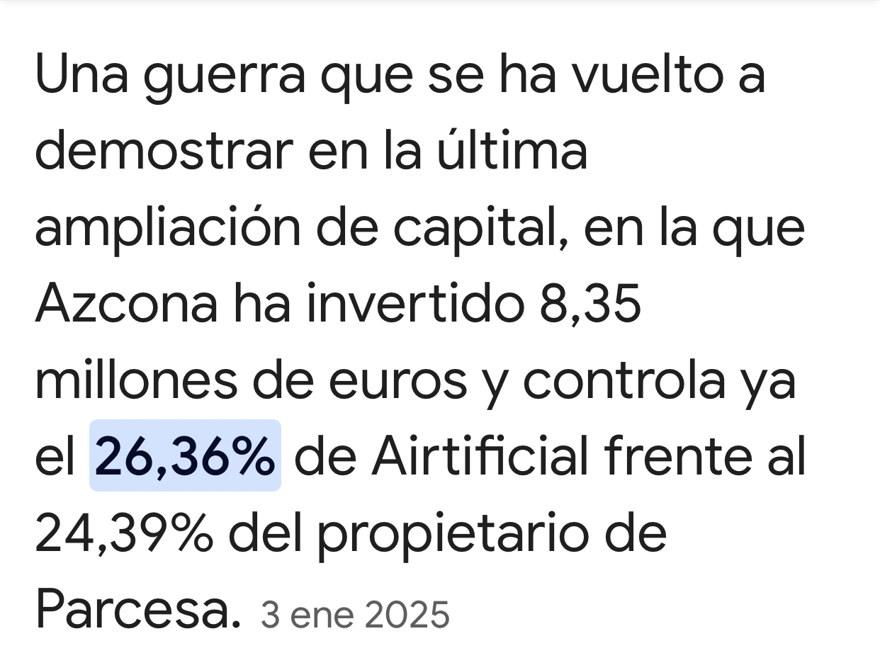 Bueno perdón jjjj
Mirad ….
Lo que han hecho realmente Lalo y Heredero era tener lo suficiente para blindar la empresa ya que entre los dos superan el 51%…
Ahora irán entrando pero de manera ordenada y sin moverla bruscamente intentando comprar muchas para lanzar una OPA ..
Además la Sepi vigila también y menudos son esos … <span class="Emo25"> </span> jjjj