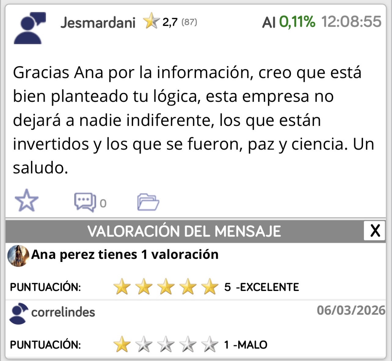 Gracias Jesmardani y un consejo que ojalá lo hubiera hecho yo antes …
Bloquea o ignora a esa rata que te ha dado mala puntuación por apoyarme …
Yo lo haré también para que no pueda leerme
No se merece leer a gente buena y decente.
Un abrazo amigo.